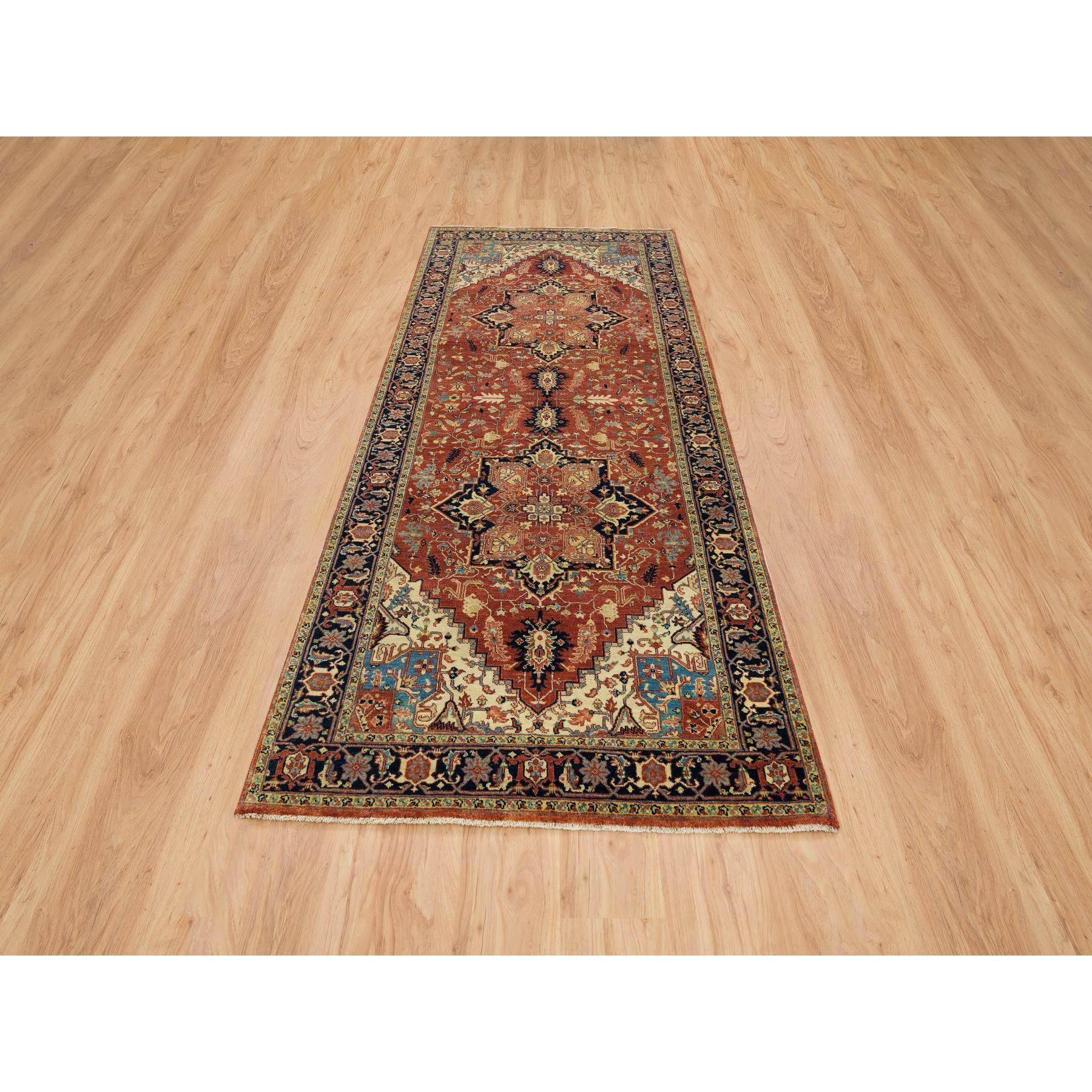 4'x10'1" Terracotta Red, Densely Woven Pure Wool, Hand Knotted Antiqued Fine Heriz Re-Creation, Natural Dyes, Wide Runner Oriental Rug HR65463 - Image 2