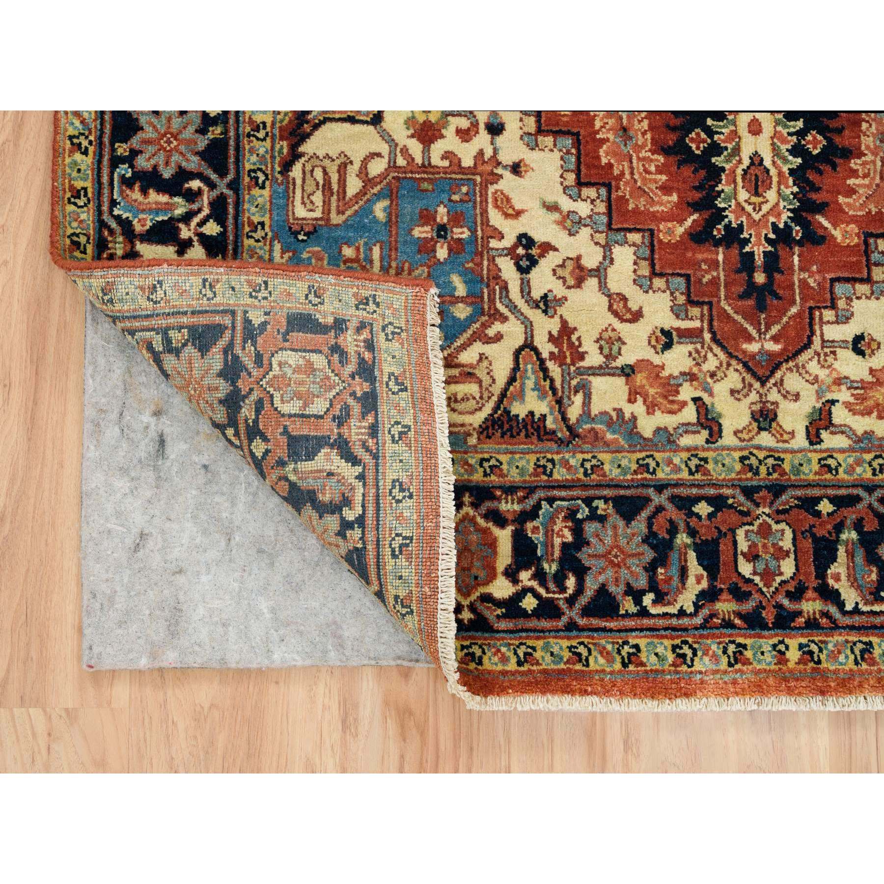 4'x10'1" Terracotta Red, Densely Woven Pure Wool, Hand Knotted Antiqued Fine Heriz Re-Creation, Natural Dyes, Wide Runner Oriental Rug HR65463 - Image 3