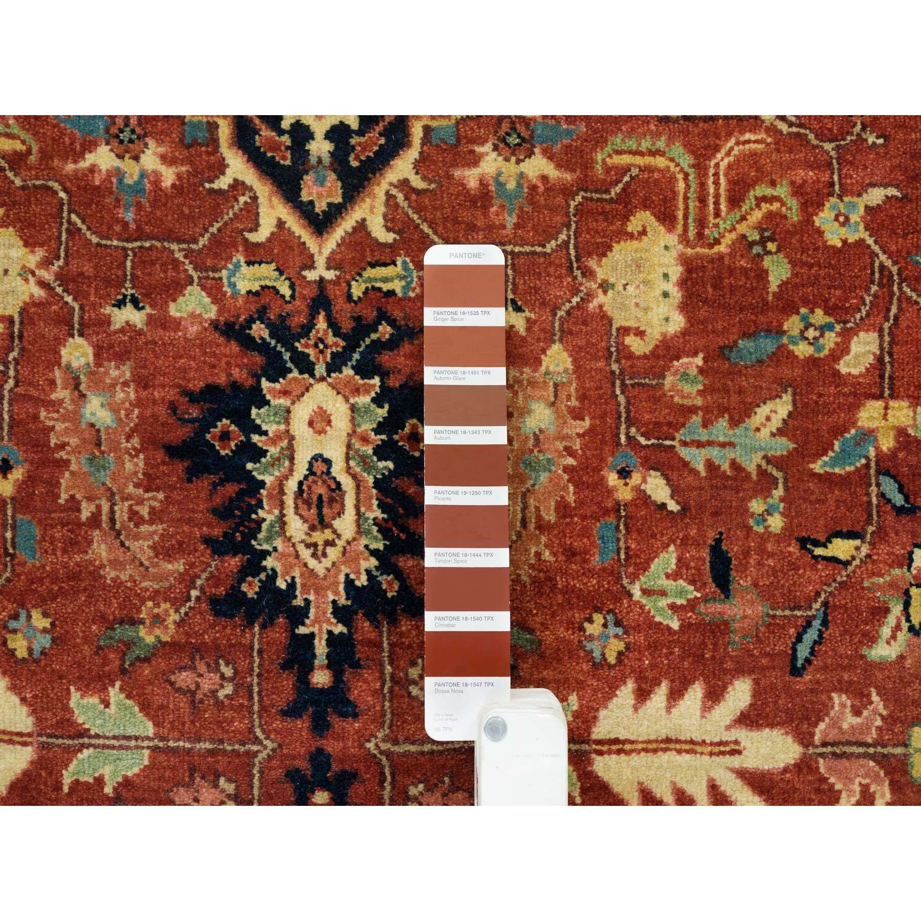 4'x10'1" Terracotta Red, Densely Woven Pure Wool, Hand Knotted Antiqued Fine Heriz Re-Creation, Natural Dyes, Wide Runner Oriental Rug HR65463 - Image 4