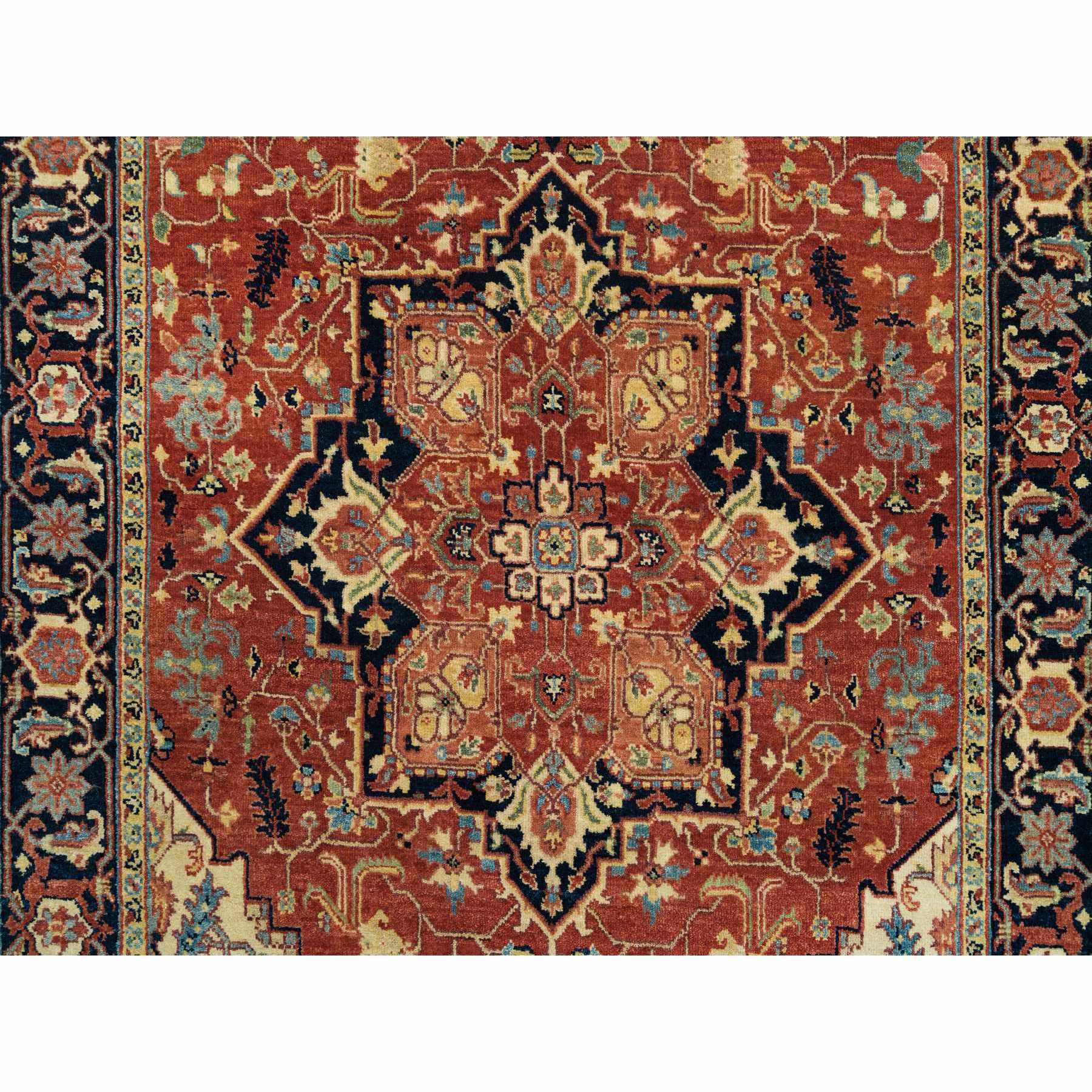4'x10'1" Terracotta Red, Densely Woven Pure Wool, Hand Knotted Antiqued Fine Heriz Re-Creation, Natural Dyes, Wide Runner Oriental Rug HR65463 - Image 5