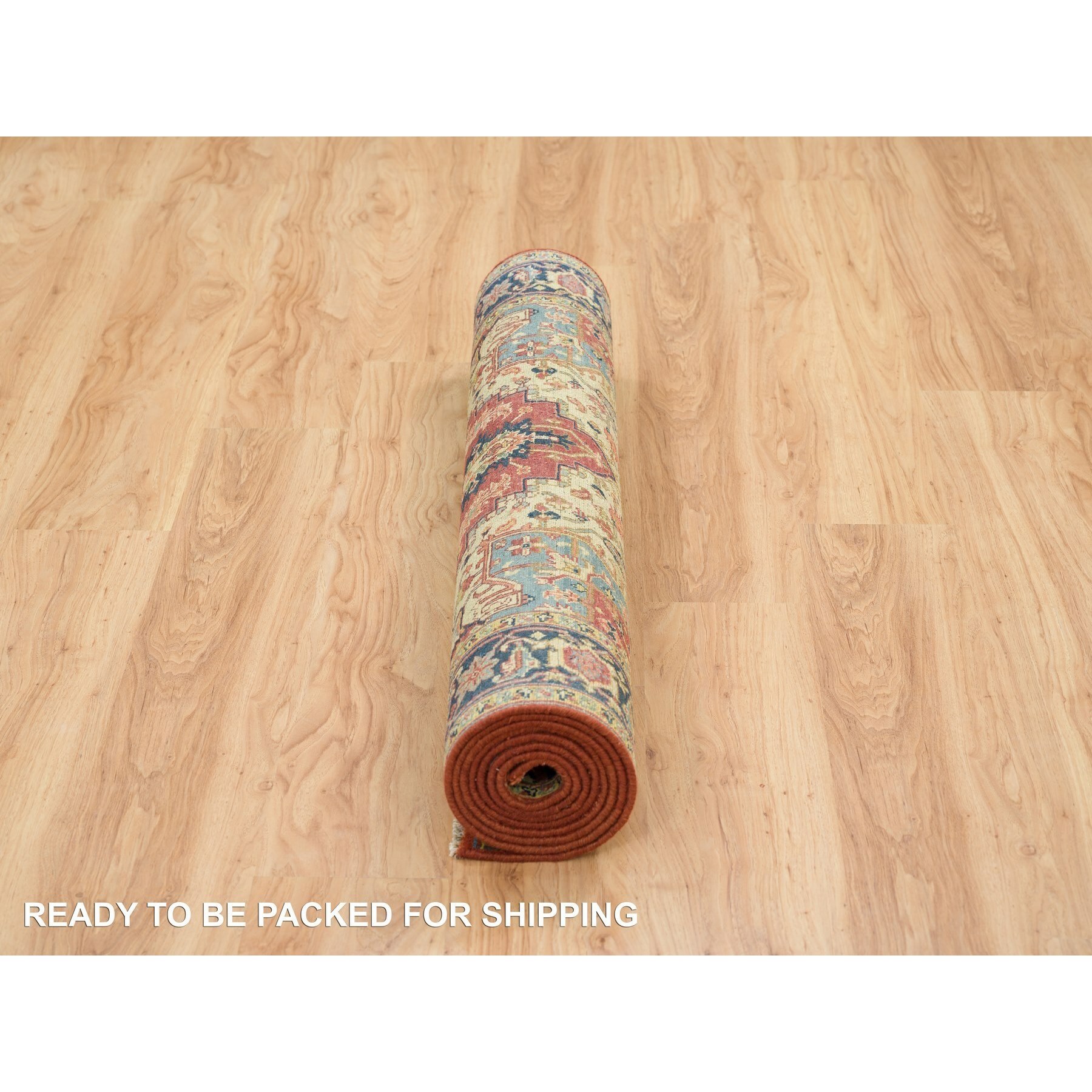4'x10'1" Terracotta Red, Densely Woven Pure Wool, Hand Knotted Antiqued Fine Heriz Re-Creation, Natural Dyes, Wide Runner Oriental Rug HR65463 - Image 6
