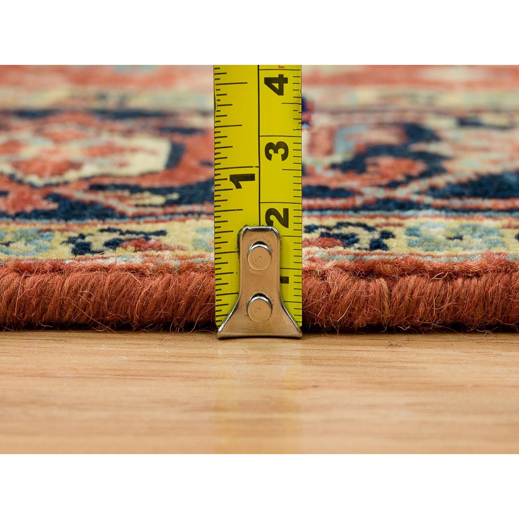 4'x10'1" Terracotta Red, Densely Woven Pure Wool, Hand Knotted Antiqued Fine Heriz Re-Creation, Natural Dyes, Wide Runner Oriental Rug HR65463 - Image 7