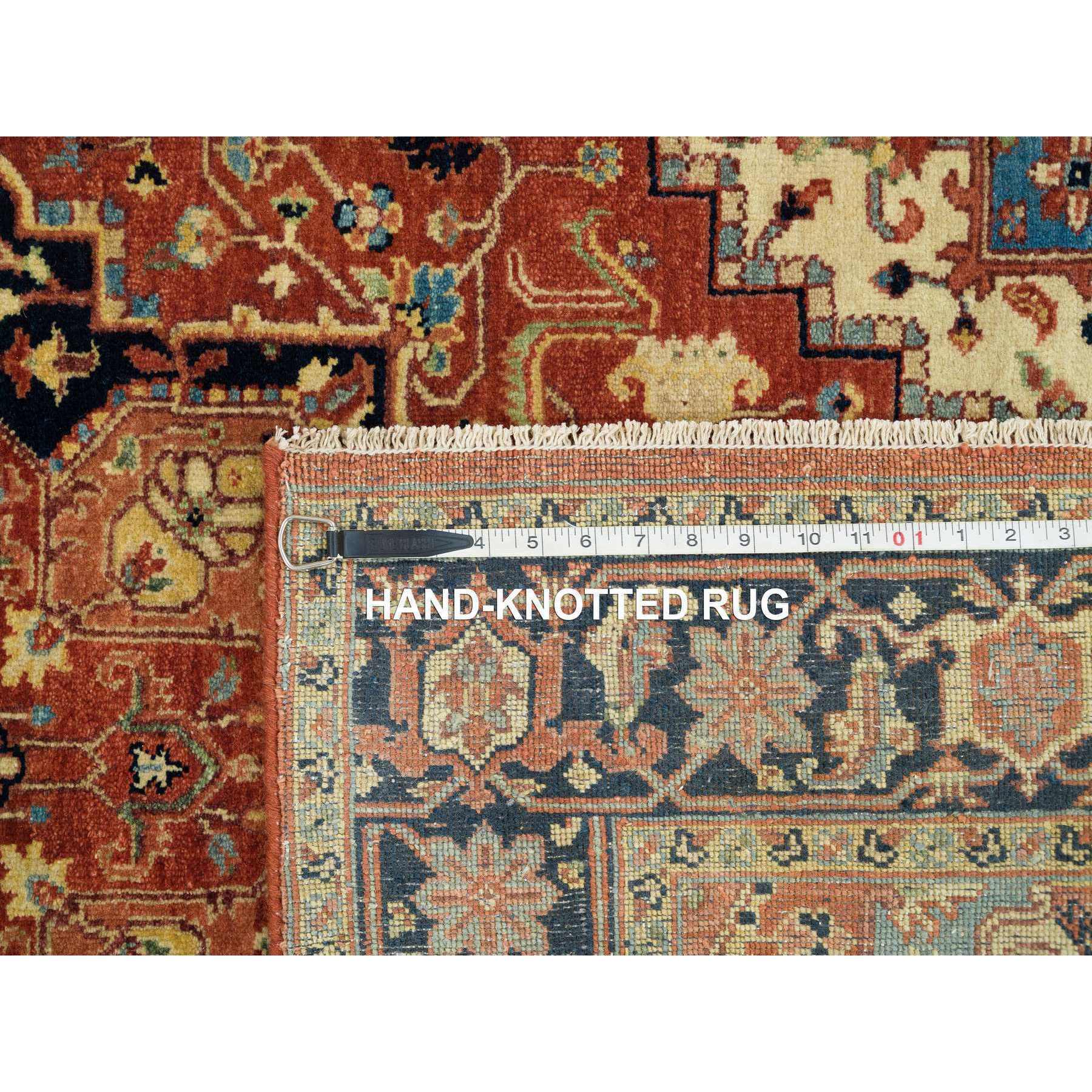 4'x10'1" Terracotta Red, Densely Woven Pure Wool, Hand Knotted Antiqued Fine Heriz Re-Creation, Natural Dyes, Wide Runner Oriental Rug HR65463 - Image 8