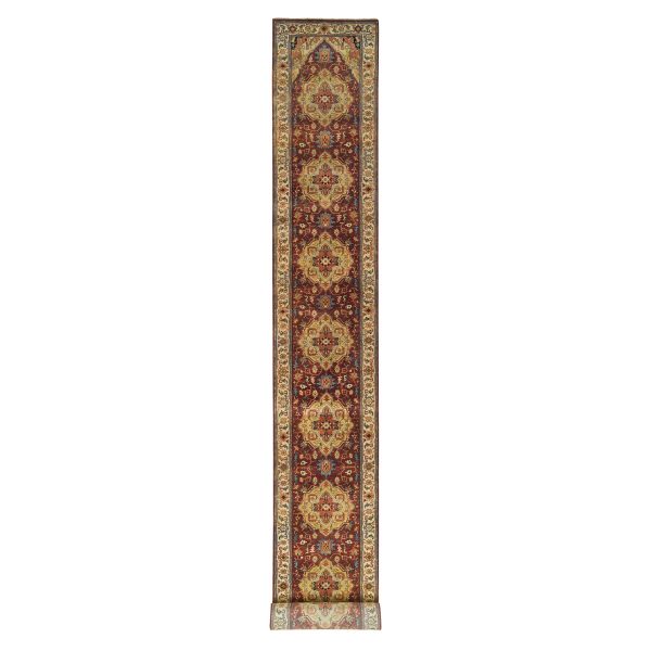 2'7"x22' Terracotta Red, Hand Knotted Antiqued Fine Heriz Re-Creation, Natural Dyes Dense Weave, Extra Soft Wool, XL Runner Oriental Rug HR65496