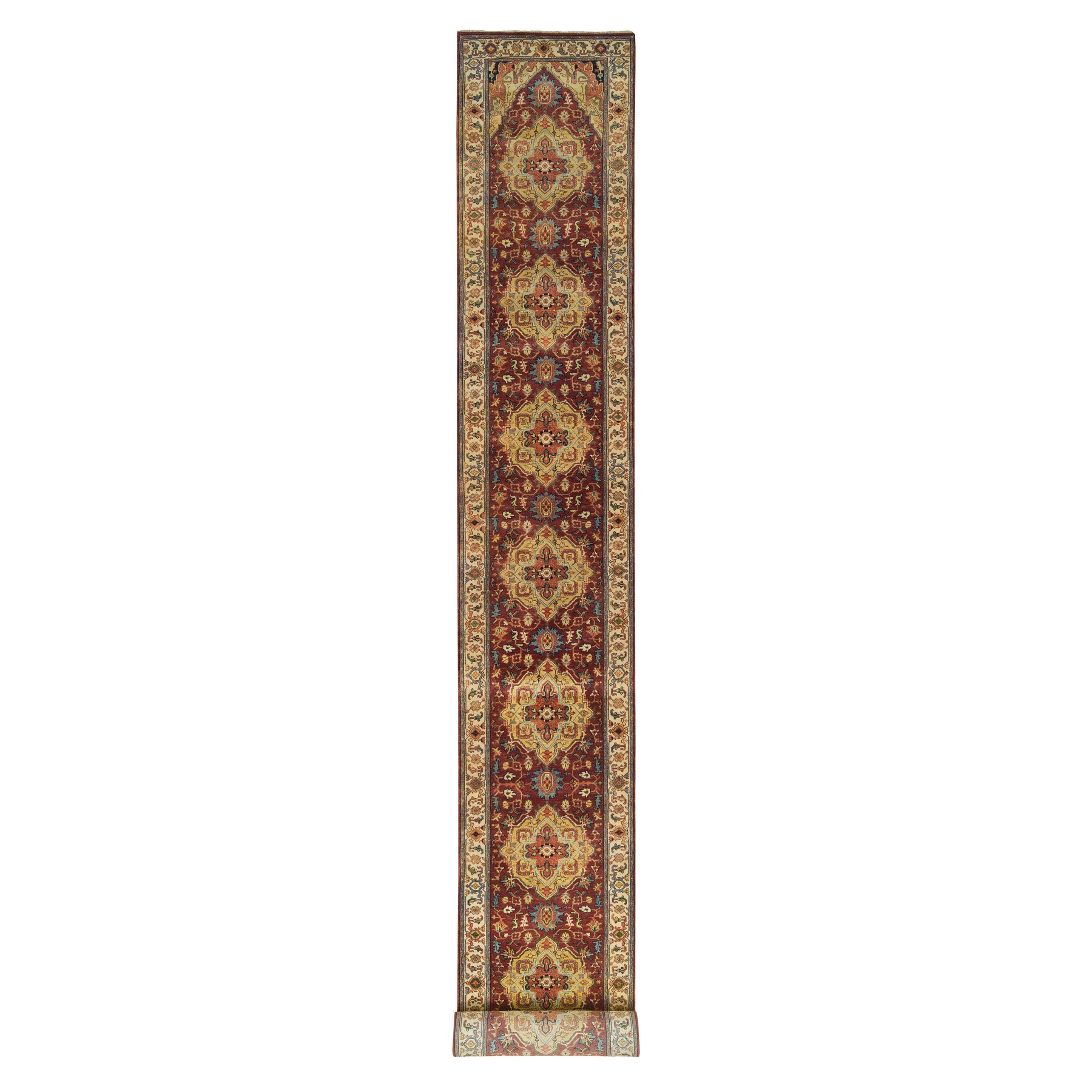 2'7"x22' Terracotta Red, Hand Knotted Antiqued Fine Heriz Re-Creation, Natural Dyes Dense Weave, Extra Soft Wool, XL Runner Oriental Rug HR65496