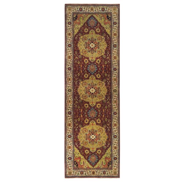 3'10"x12'1" Terracotta Red, Pure Wool Hand Knotted, Antiqued Fine Heriz Re-Creation, Natural Dyes Densely Woven, Wide Runner Oriental Rug HR65499