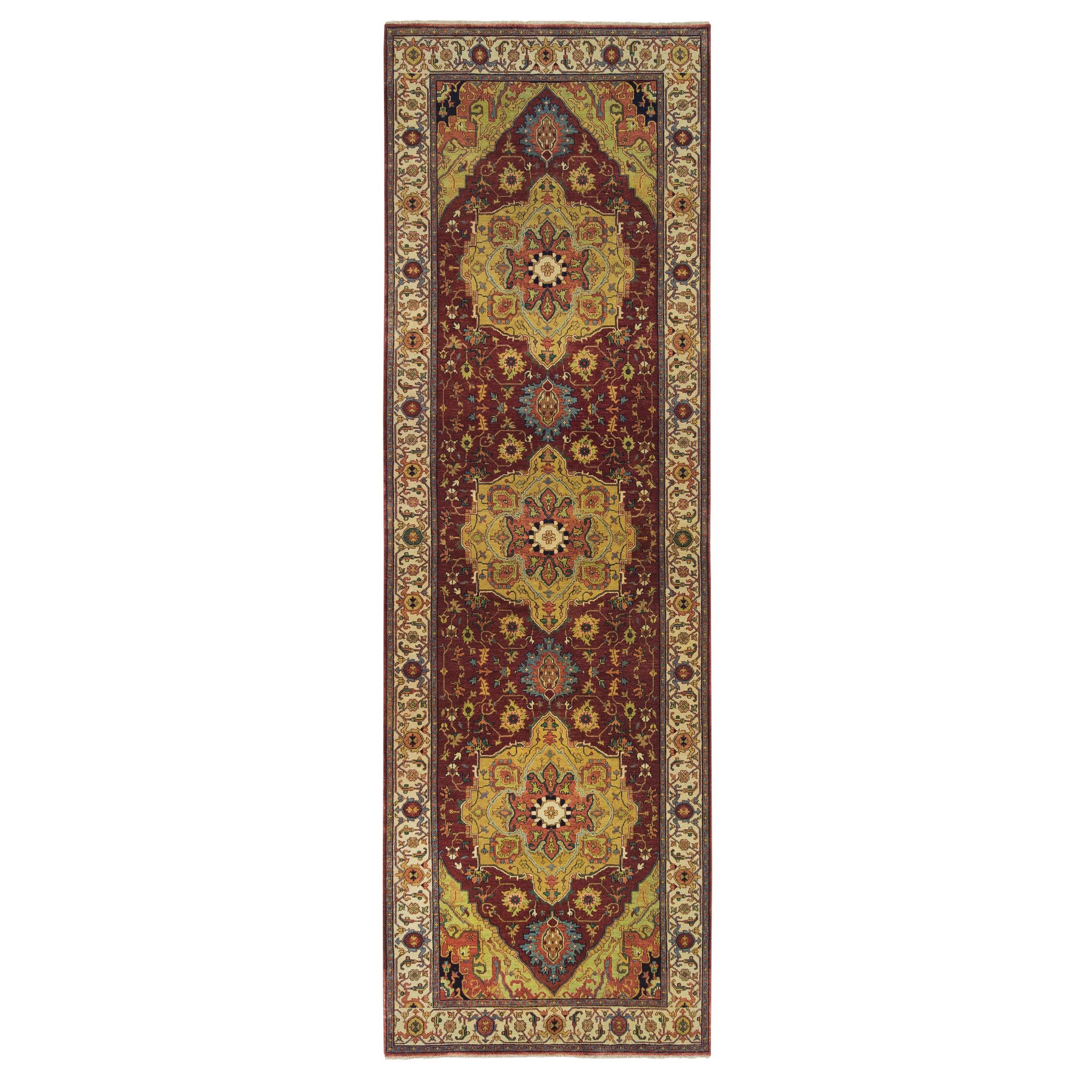 3'10"x12'1" Terracotta Red, Pure Wool Hand Knotted, Antiqued Fine Heriz Re-Creation, Natural Dyes Densely Woven, Wide Runner Oriental Rug HR65499