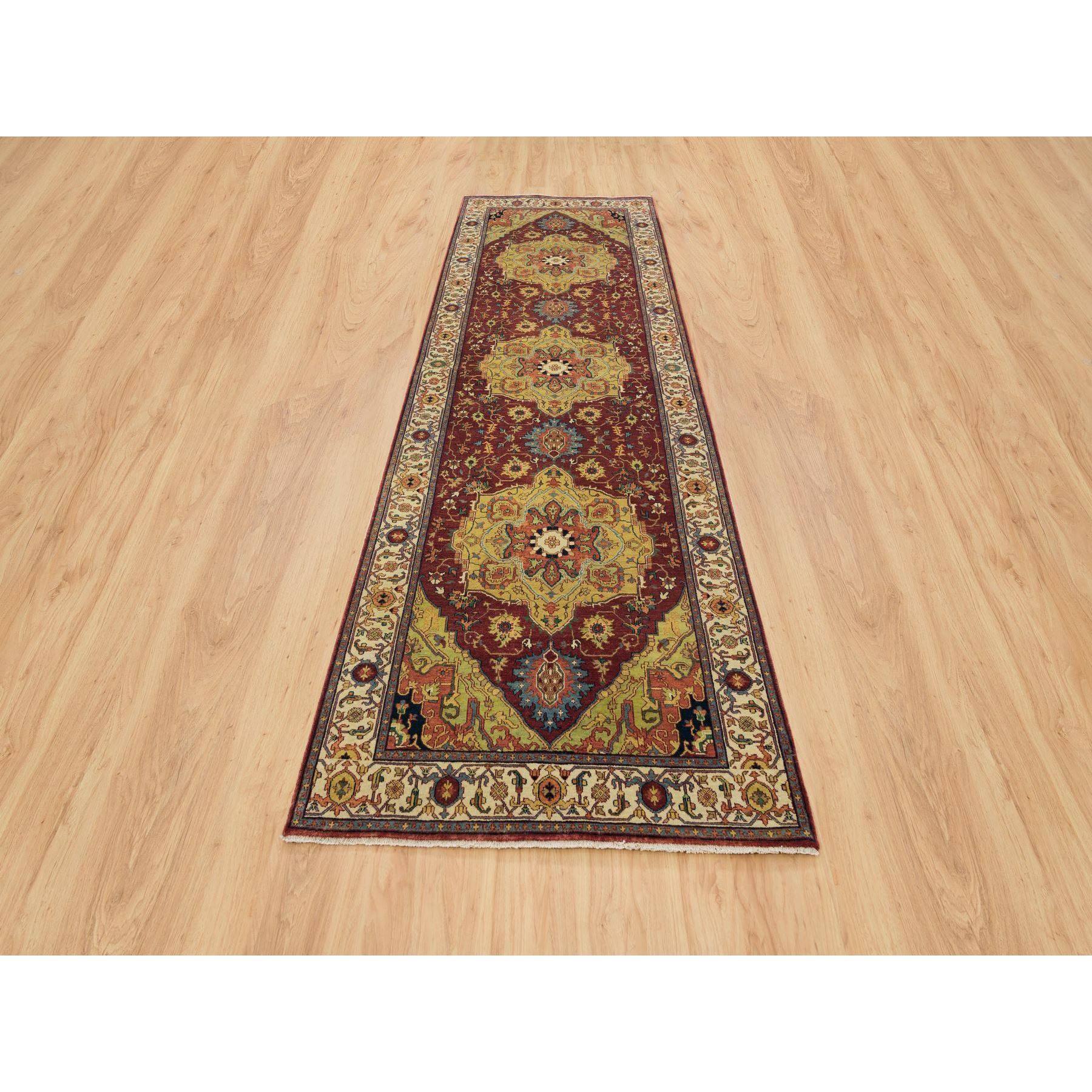 3'10"x12'1" Terracotta Red, Pure Wool Hand Knotted, Antiqued Fine Heriz Re-Creation, Natural Dyes Densely Woven, Wide Runner Oriental Rug HR65499 - Image 2