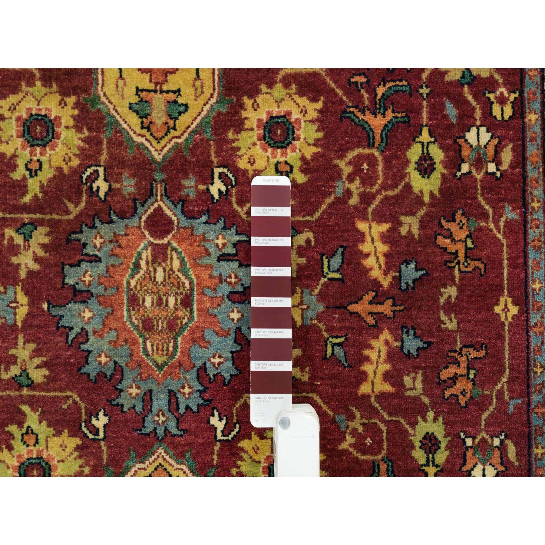 3'10"x12'1" Terracotta Red, Pure Wool Hand Knotted, Antiqued Fine Heriz Re-Creation, Natural Dyes Densely Woven, Wide Runner Oriental Rug HR65499 - Image 4