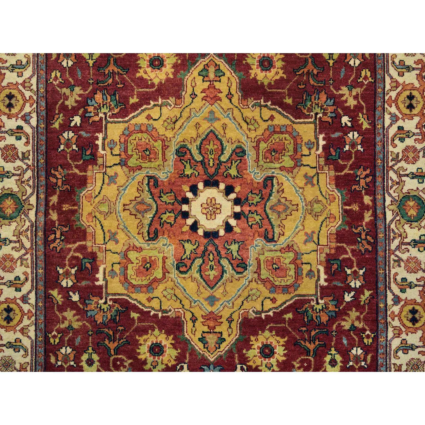 3'10"x12'1" Terracotta Red, Pure Wool Hand Knotted, Antiqued Fine Heriz Re-Creation, Natural Dyes Densely Woven, Wide Runner Oriental Rug HR65499 - Image 5