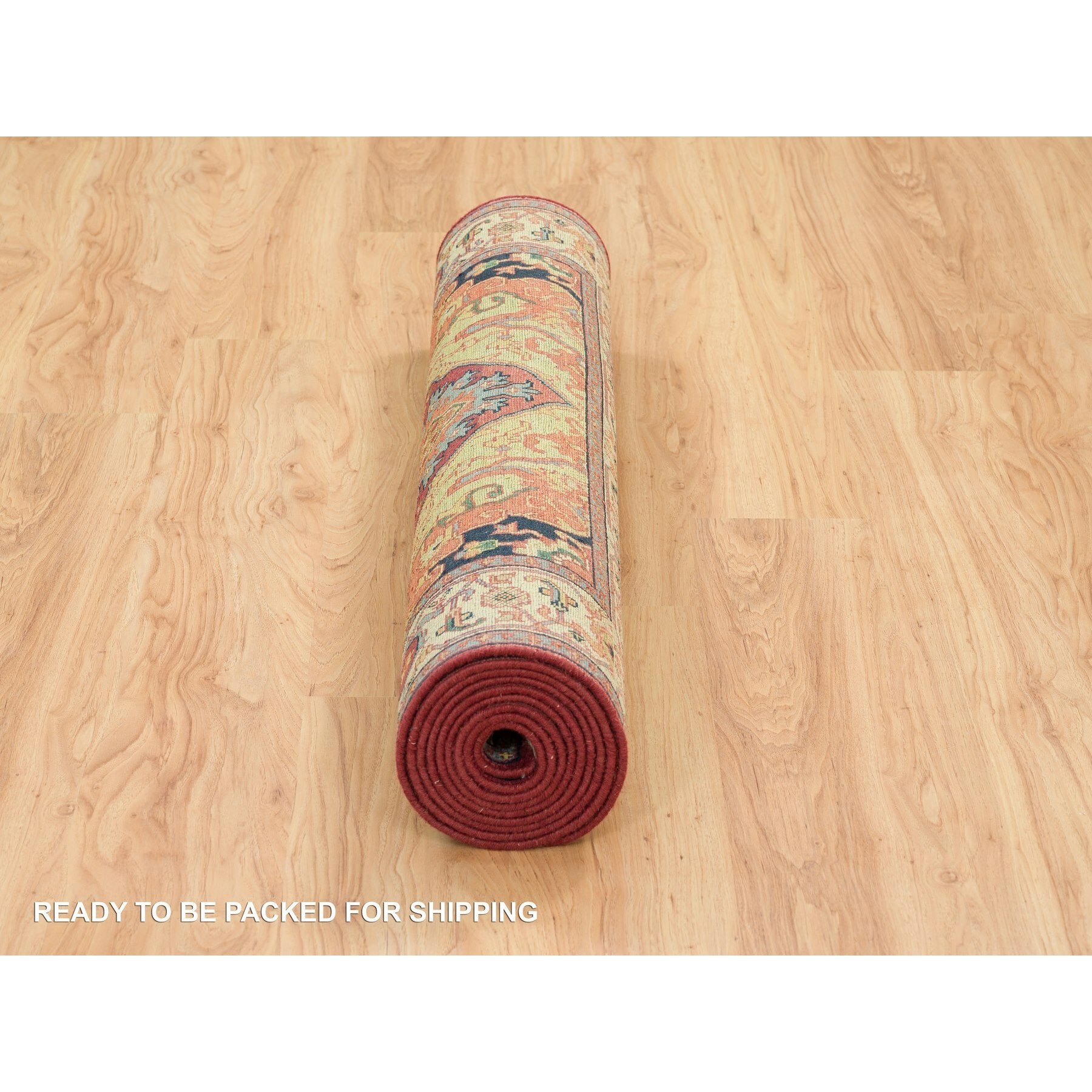 3'10"x12'1" Terracotta Red, Pure Wool Hand Knotted, Antiqued Fine Heriz Re-Creation, Natural Dyes Densely Woven, Wide Runner Oriental Rug HR65499 - Image 6