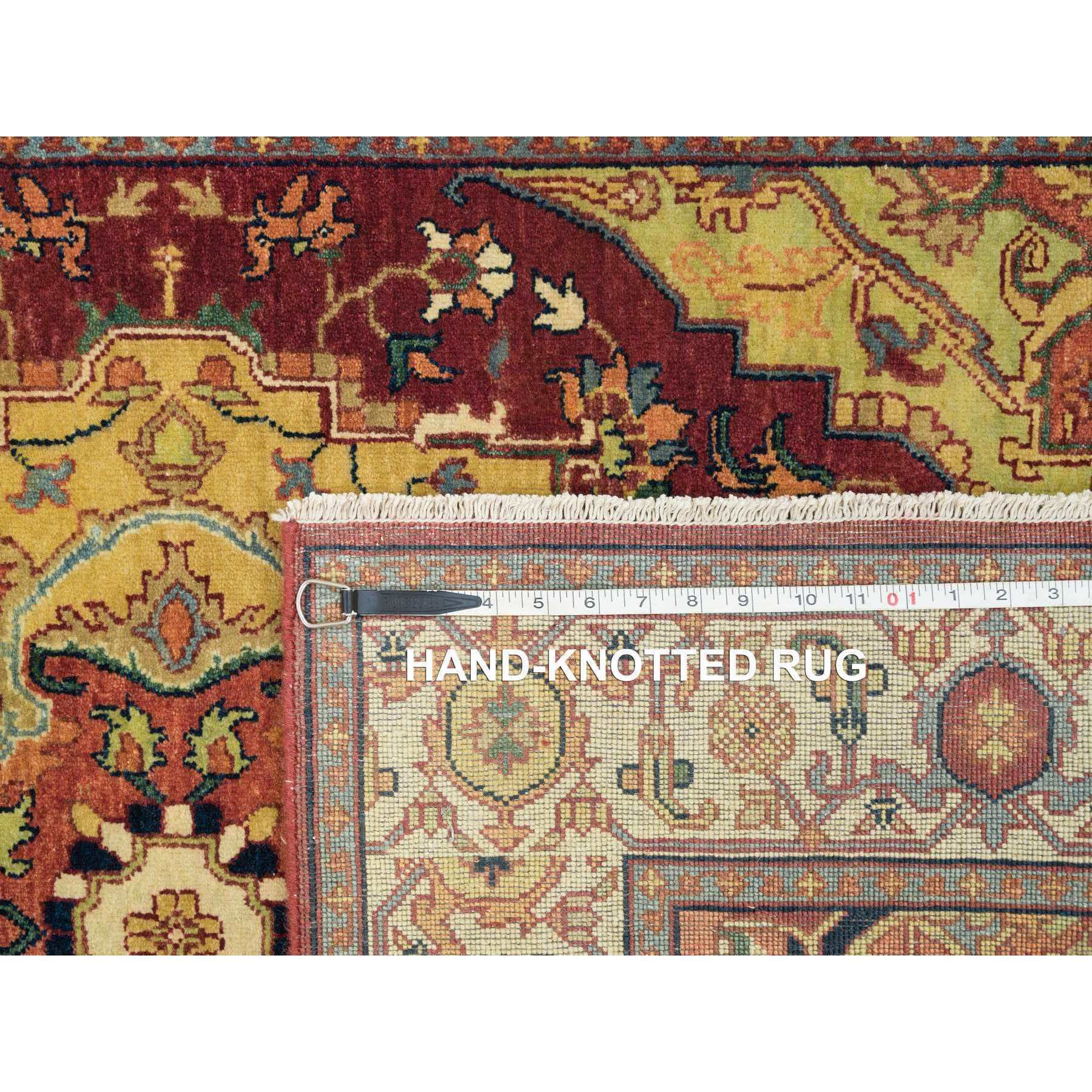 3'10"x12'1" Terracotta Red, Pure Wool Hand Knotted, Antiqued Fine Heriz Re-Creation, Natural Dyes Densely Woven, Wide Runner Oriental Rug HR65499 - Image 8