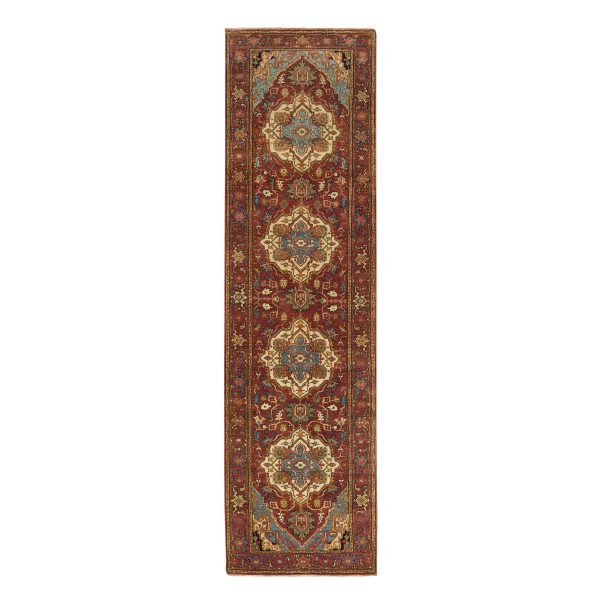 2'7"x10' Terracotta Red, Hand Knotted, Antiqued Fine Heriz Re-Creation, Densely Woven, Natural Dyes, Extra Soft Wool, Runner Oriental Rug HR65503
