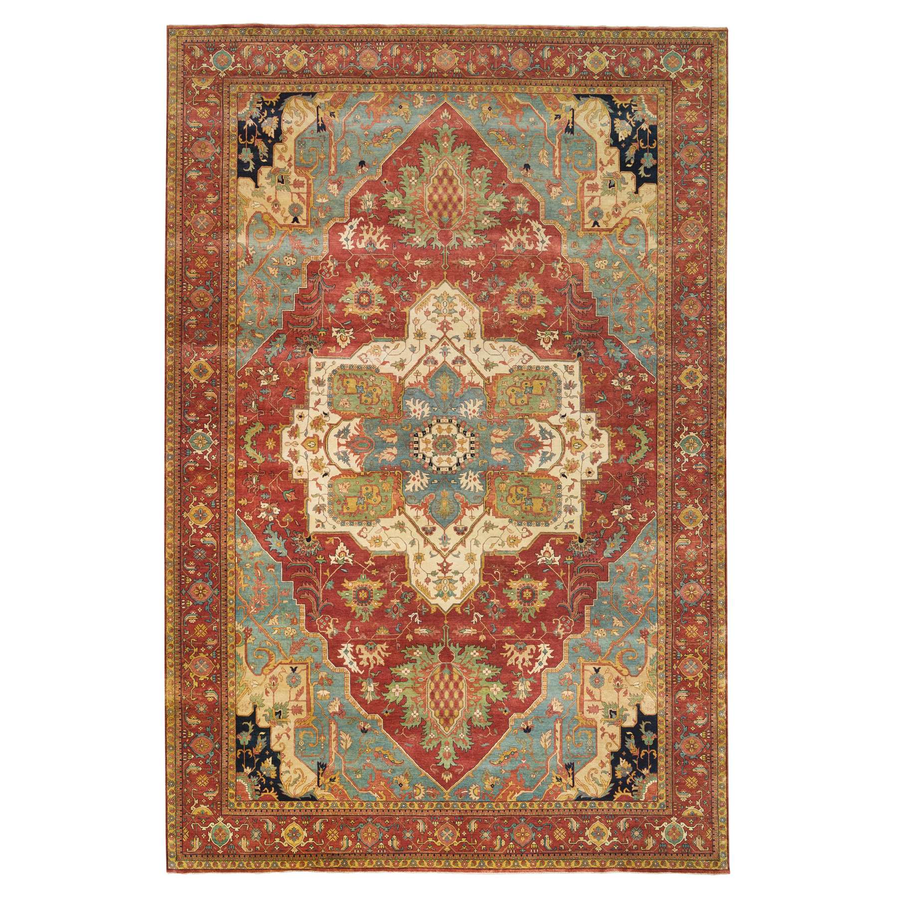 12'1"x18'2" Terracotta Red, Densely Woven 100% Wool, Hand Knotted Antiqued Fine Heriz Re-Creation, Natural Dyes, Oversized Oriental Rug HR65511