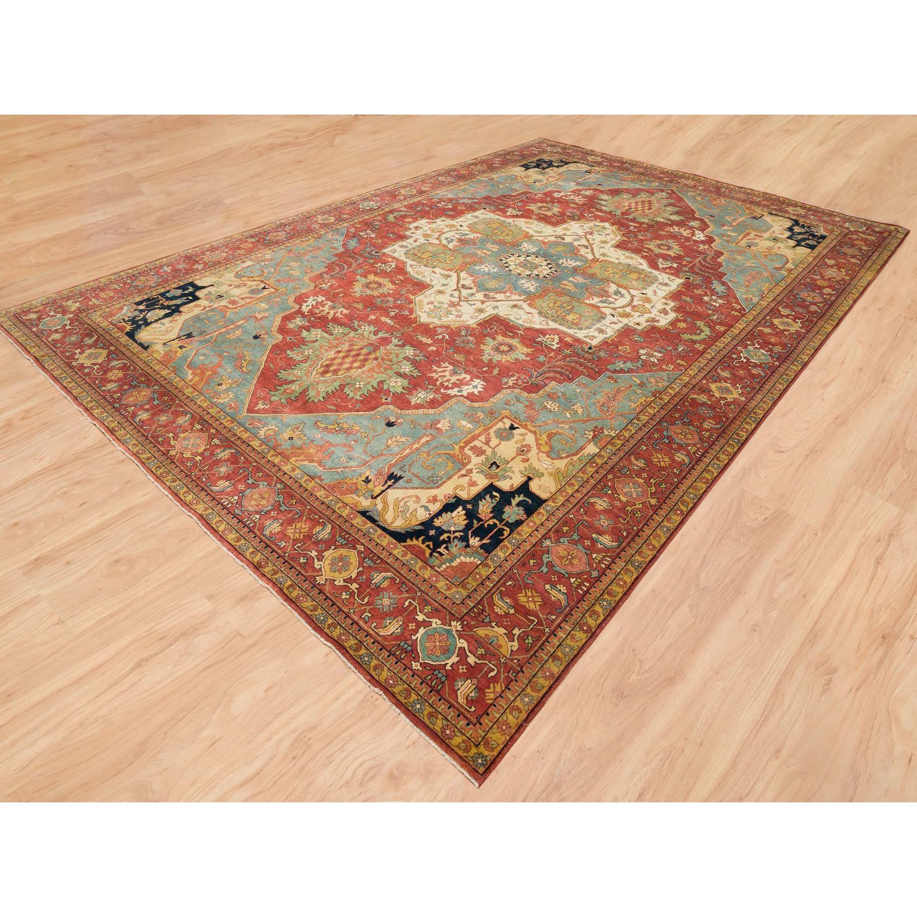 12'1"x18'2" Terracotta Red, Densely Woven 100% Wool, Hand Knotted Antiqued Fine Heriz Re-Creation, Natural Dyes, Oversized Oriental Rug HR65511 - Image 3