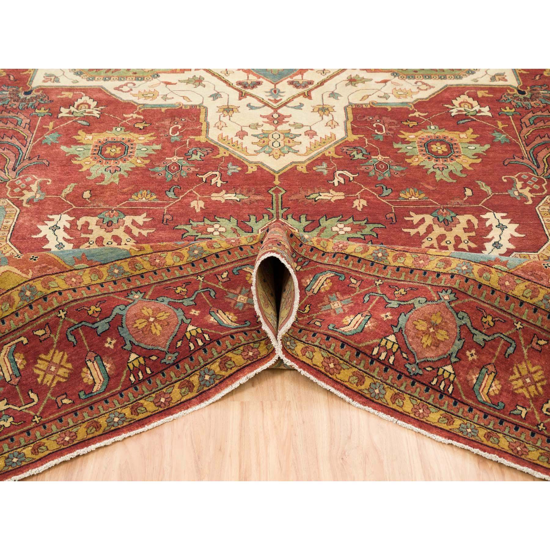 12'1"x18'2" Terracotta Red, Densely Woven 100% Wool, Hand Knotted Antiqued Fine Heriz Re-Creation, Natural Dyes, Oversized Oriental Rug HR65511 - Image 5