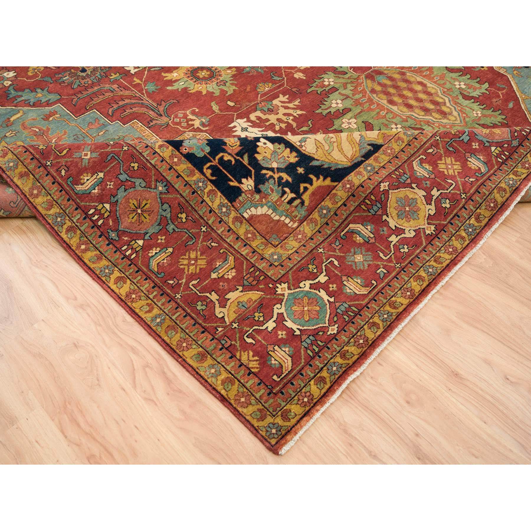 12'1"x18'2" Terracotta Red, Densely Woven 100% Wool, Hand Knotted Antiqued Fine Heriz Re-Creation, Natural Dyes, Oversized Oriental Rug HR65511 - Image 6