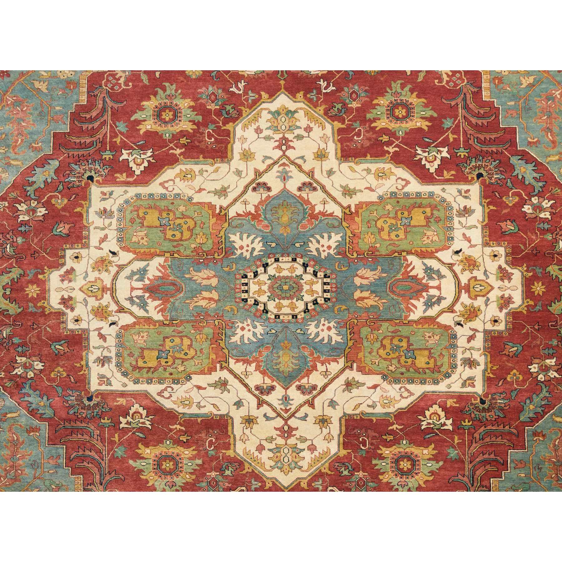 12'1"x18'2" Terracotta Red, Densely Woven 100% Wool, Hand Knotted Antiqued Fine Heriz Re-Creation, Natural Dyes, Oversized Oriental Rug HR65511 - Image 8