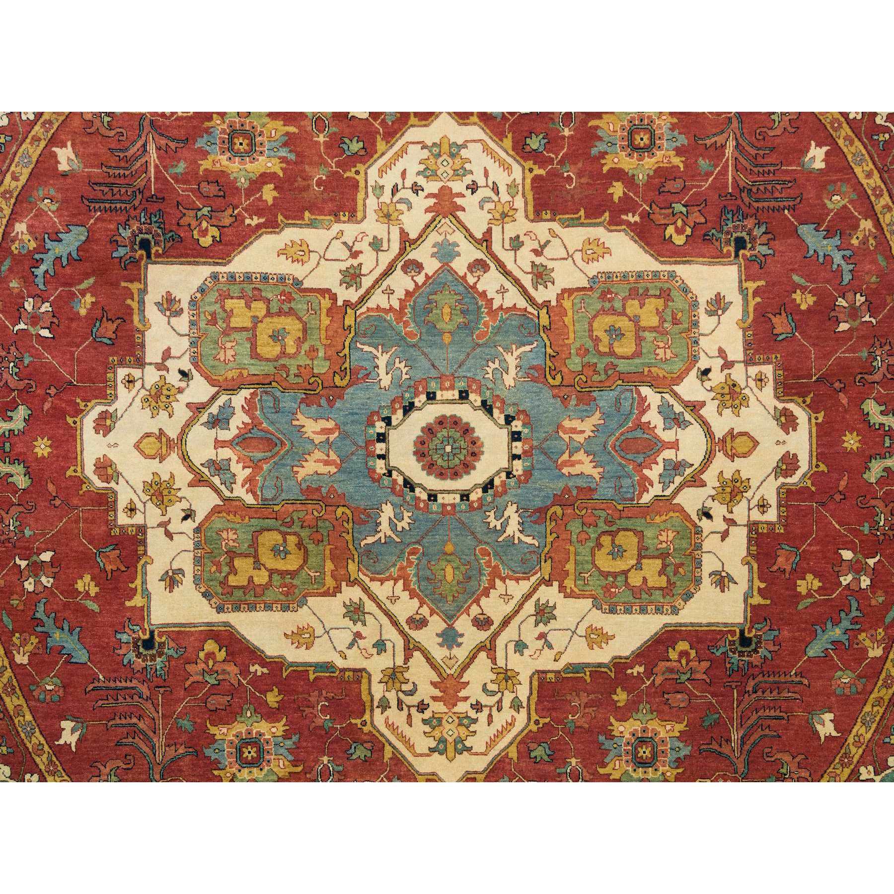 10'x10' Terracotta Red, Hand Knotted, Antiqued Fine Heriz Re-Creation, Dense Weave, Natural Dyes, 100% Wool, Round Oriental Rug HR65513 - Image 8