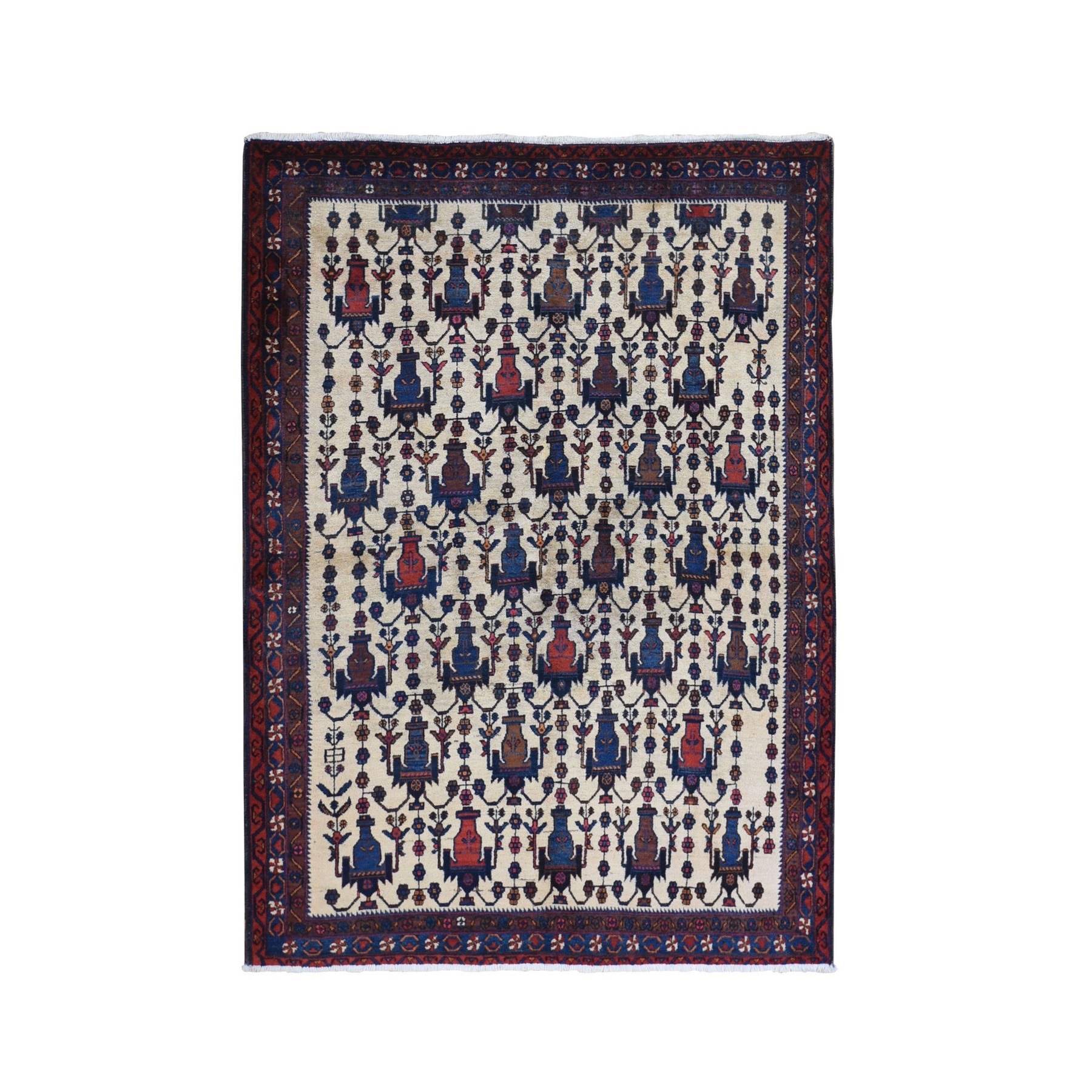 4'10"x7' Ivory Vintage North West Persian All Over Geometric Vase Design Pure Wool Hand Knotted Oriental Rug HR66315