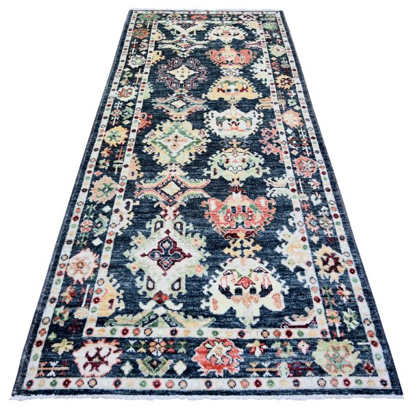 4'2"x9'6" Gunmetal Black, Afghan Angora Oushak with Colorful Motifs Natural Dyes, Soft Wool Hand Knotted, Wide Runner Oriental Rug HR73598