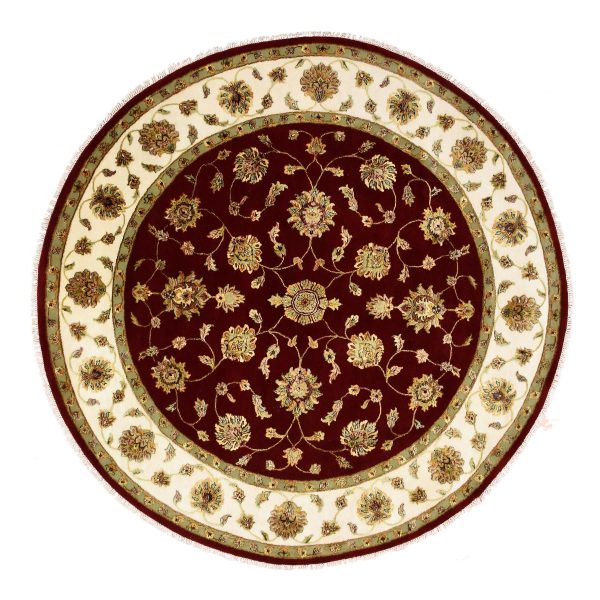 8'x8' Burgundy Red, Wool and Silk Hand Knotted, Rajasthan All Over Leaf Design Thick and Plush, Round Oriental Rug HR75273