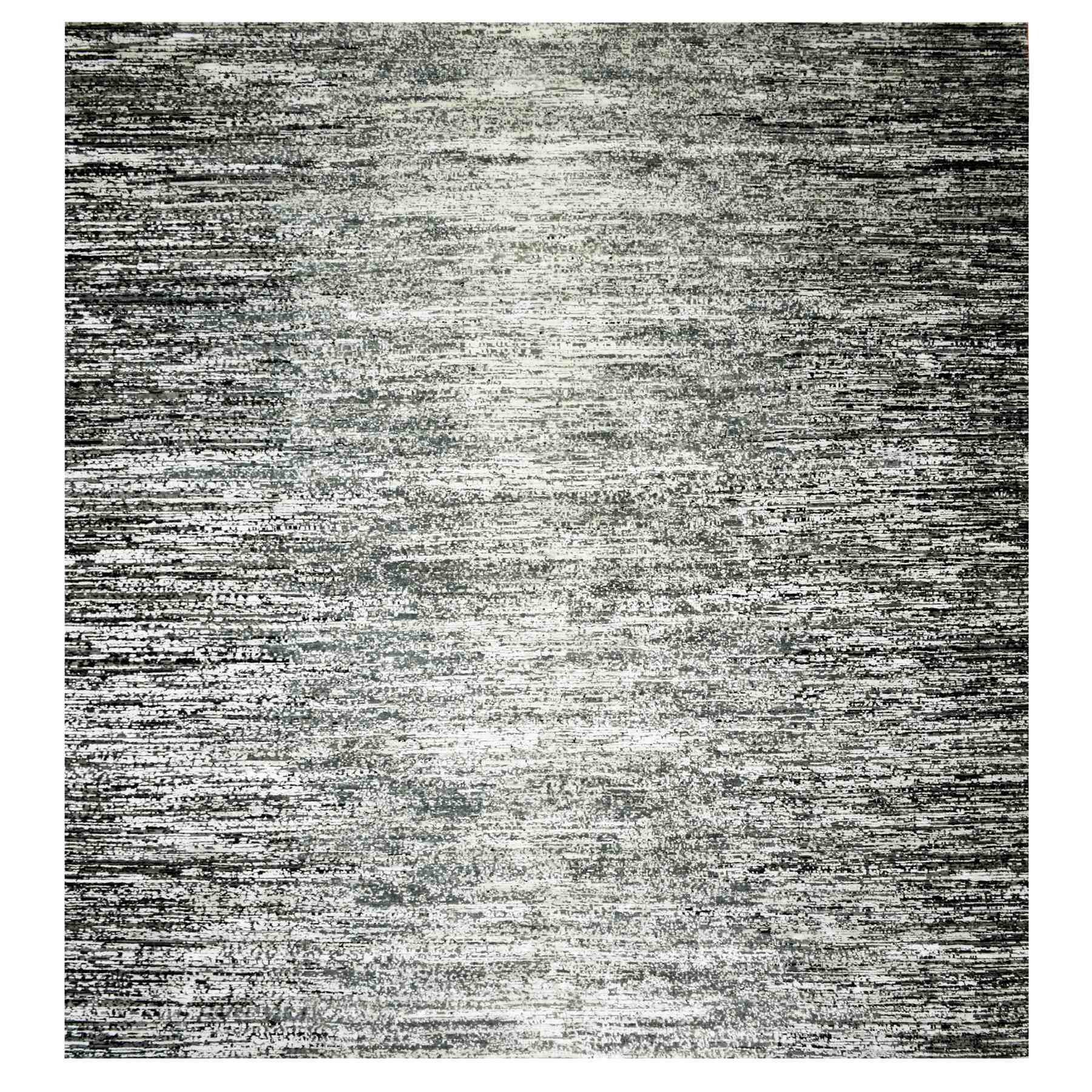 6'1"x6'1" Black with Touches of Gray, Wool and Pure Silk Hand Knotted, Horizontal Ombre Design, Square Oriental Rug HR75284