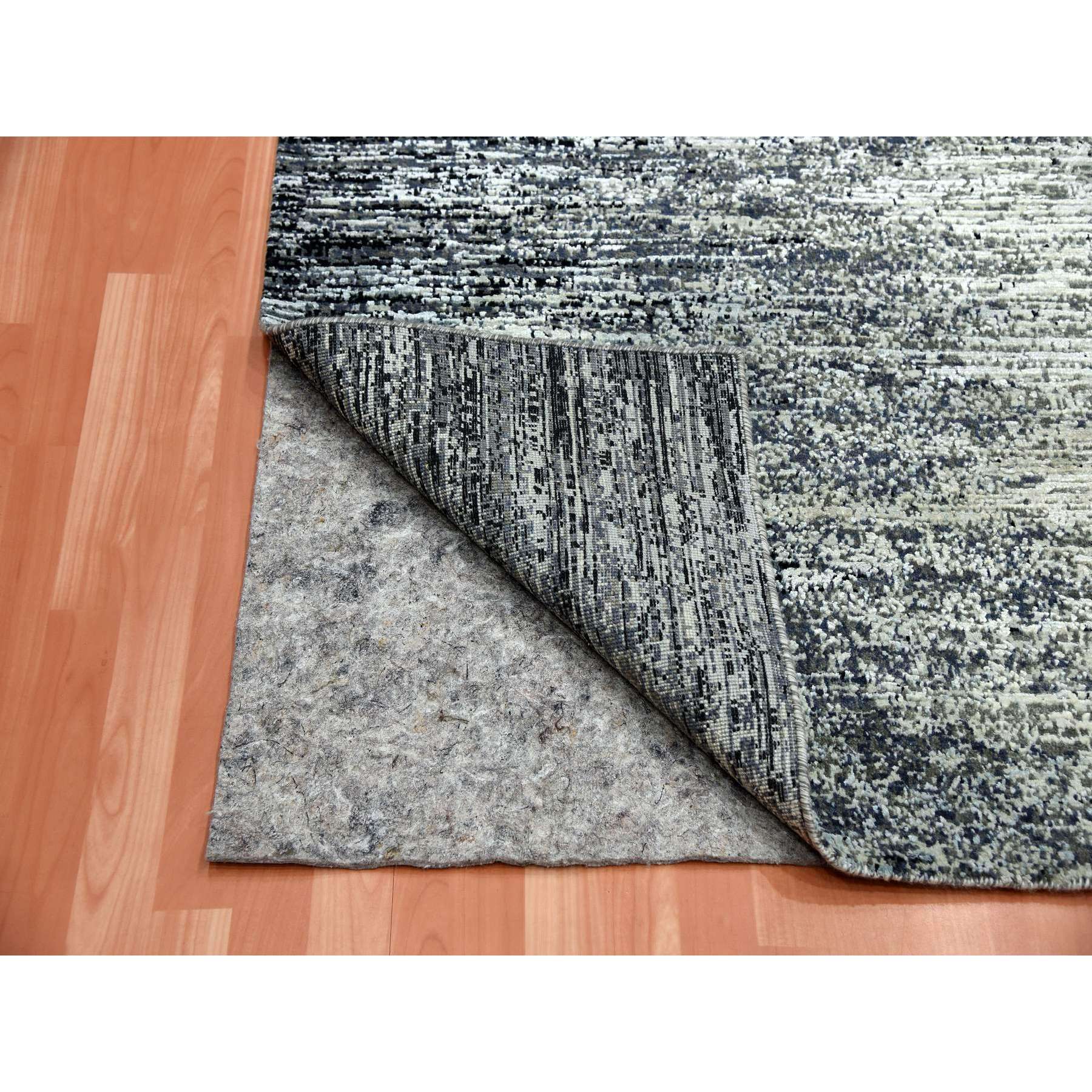 6'1"x6'1" Black with Touches of Gray, Wool and Pure Silk Hand Knotted, Horizontal Ombre Design, Square Oriental Rug HR75284 - Image 3