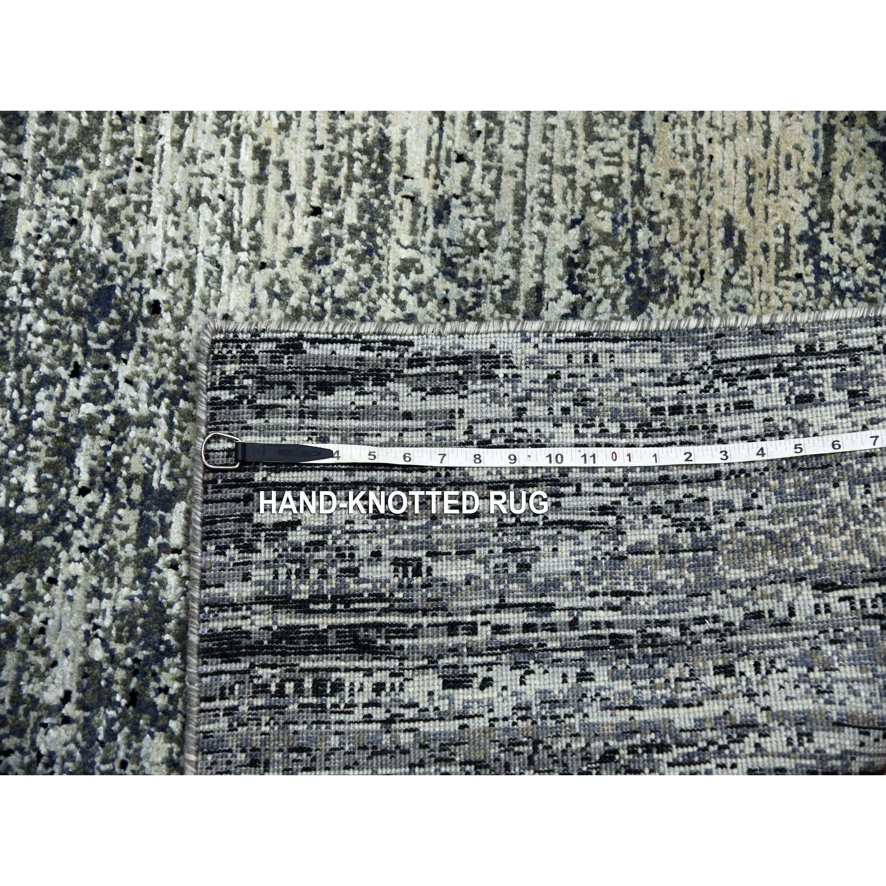 6'1"x6'1" Black with Touches of Gray, Wool and Pure Silk Hand Knotted, Horizontal Ombre Design, Square Oriental Rug HR75284 - Image 6