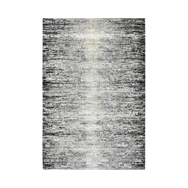 6'x9' Black with Touches of Gray, Wool and Pure Silk Hand Knotted, Horizontal Ombre Design, Oriental Rug HR75285
