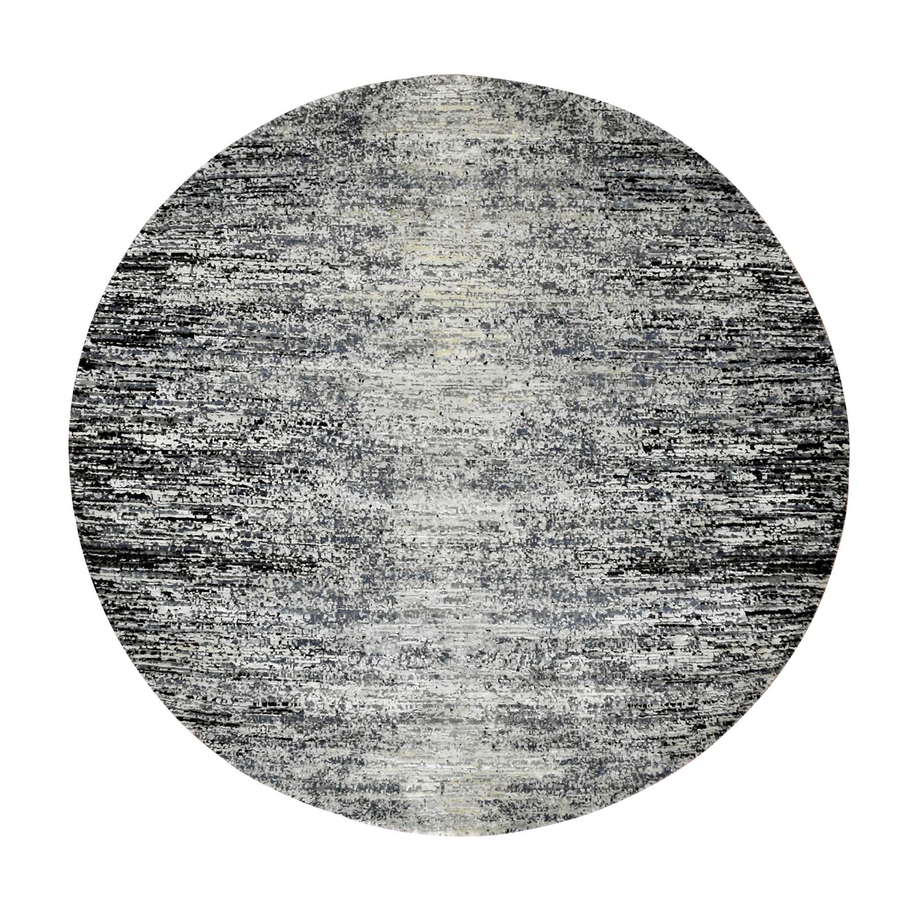 6'x6' Black with Touches of Gray, Horizontal Ombre Design, Wool and Pure Silk Hand Knotted, Round Oriental Rug HR75288