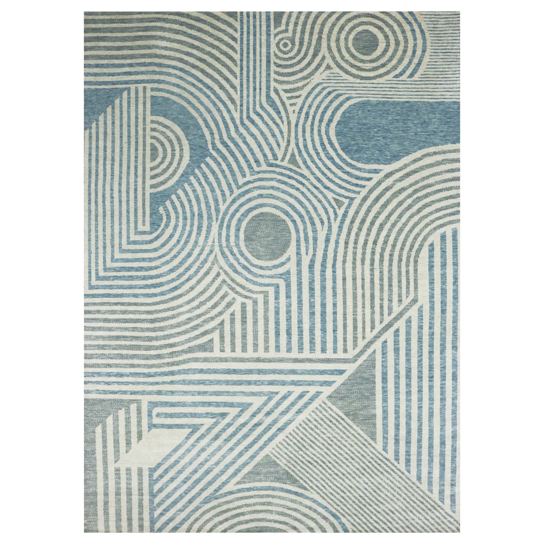 10'1"x14' Steel Blue, Soft Wool Hand Knotted, Geometric Art Nouveau Collection Soft to the Touch, Oriental Rug HR79412