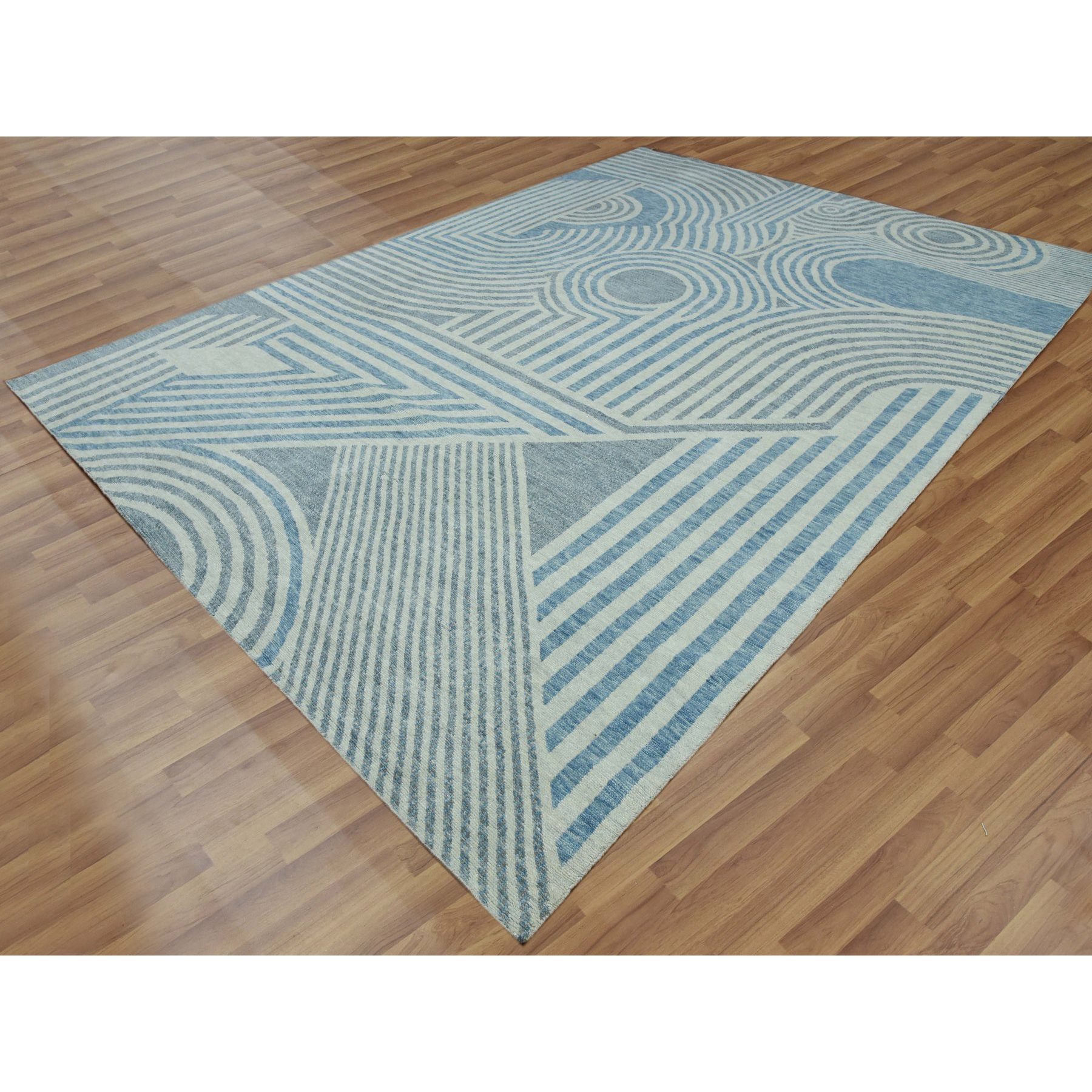 10'1"x14' Steel Blue, Soft Wool Hand Knotted, Geometric Art Nouveau Collection Soft to the Touch, Oriental Rug HR79412 - Image 4