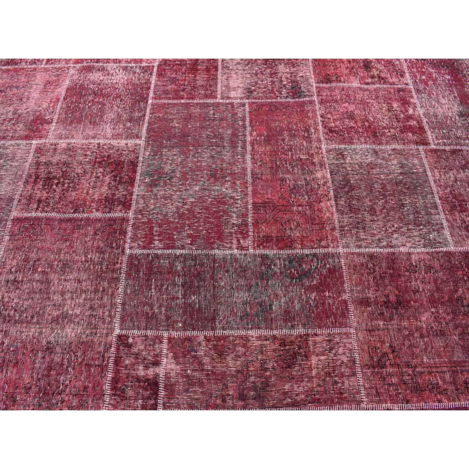 9'1"x12'10" Vermilion Red, Vintage Overdyed Persian Patchwork Design, Handmade Hand Knotted Pure Wool, Oriental Rug HR80662 - Image 9