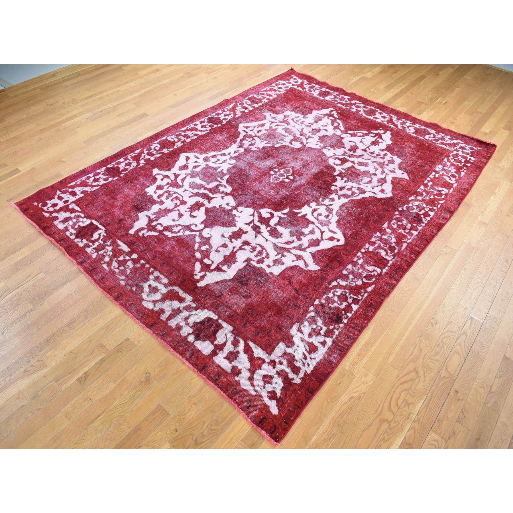 8'2"x11'1" Crimson Red, Overdyed Vintage Persian Tabriz Barjasta Design, Pure Wool Hand Knotted, Oriental Rug HR80678 - Image 4
