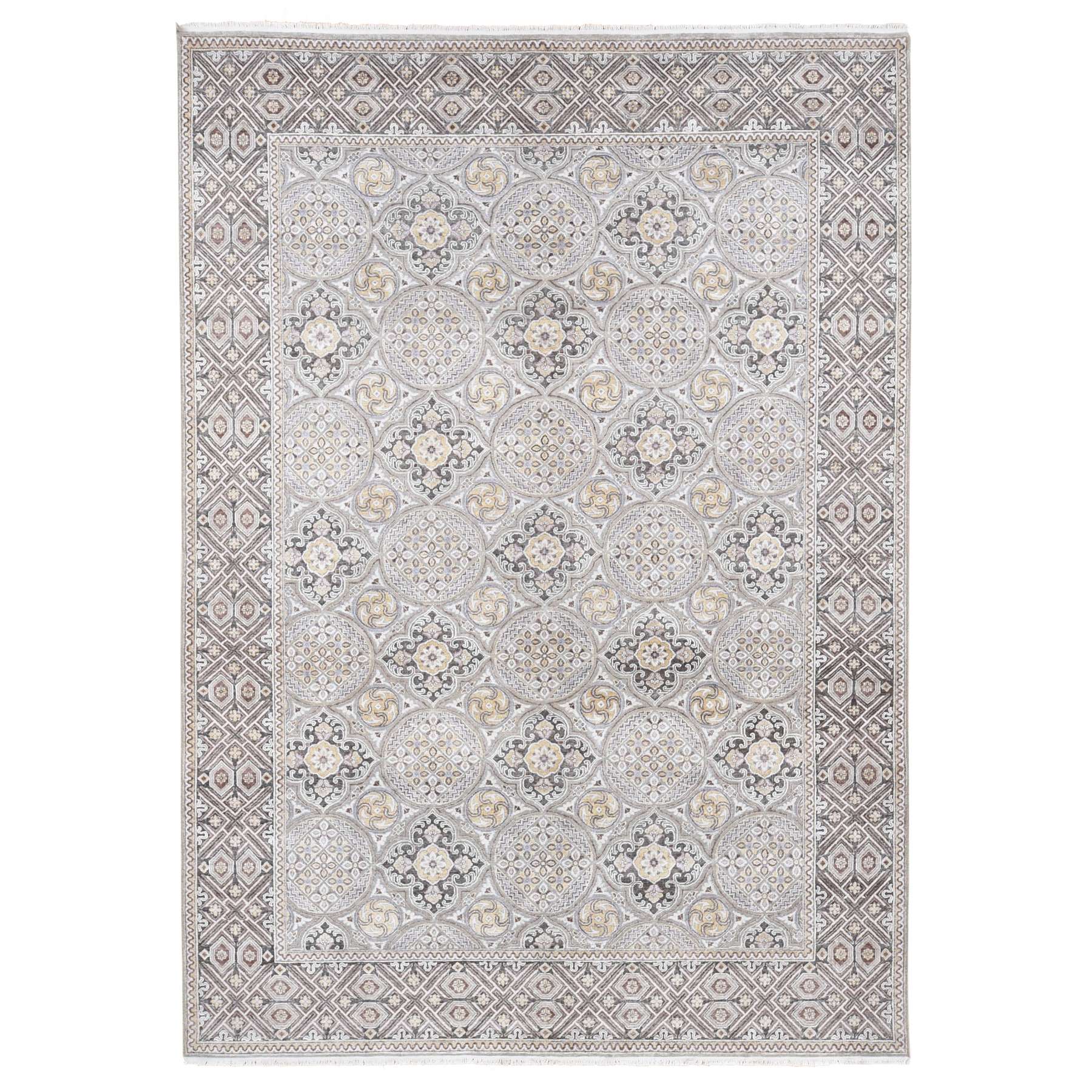 10'1"x14'2" Ivory, Mughal Inspired Medallions Design, Silk and Textured Wool Hand Knotted, Oriental Rug HR80686