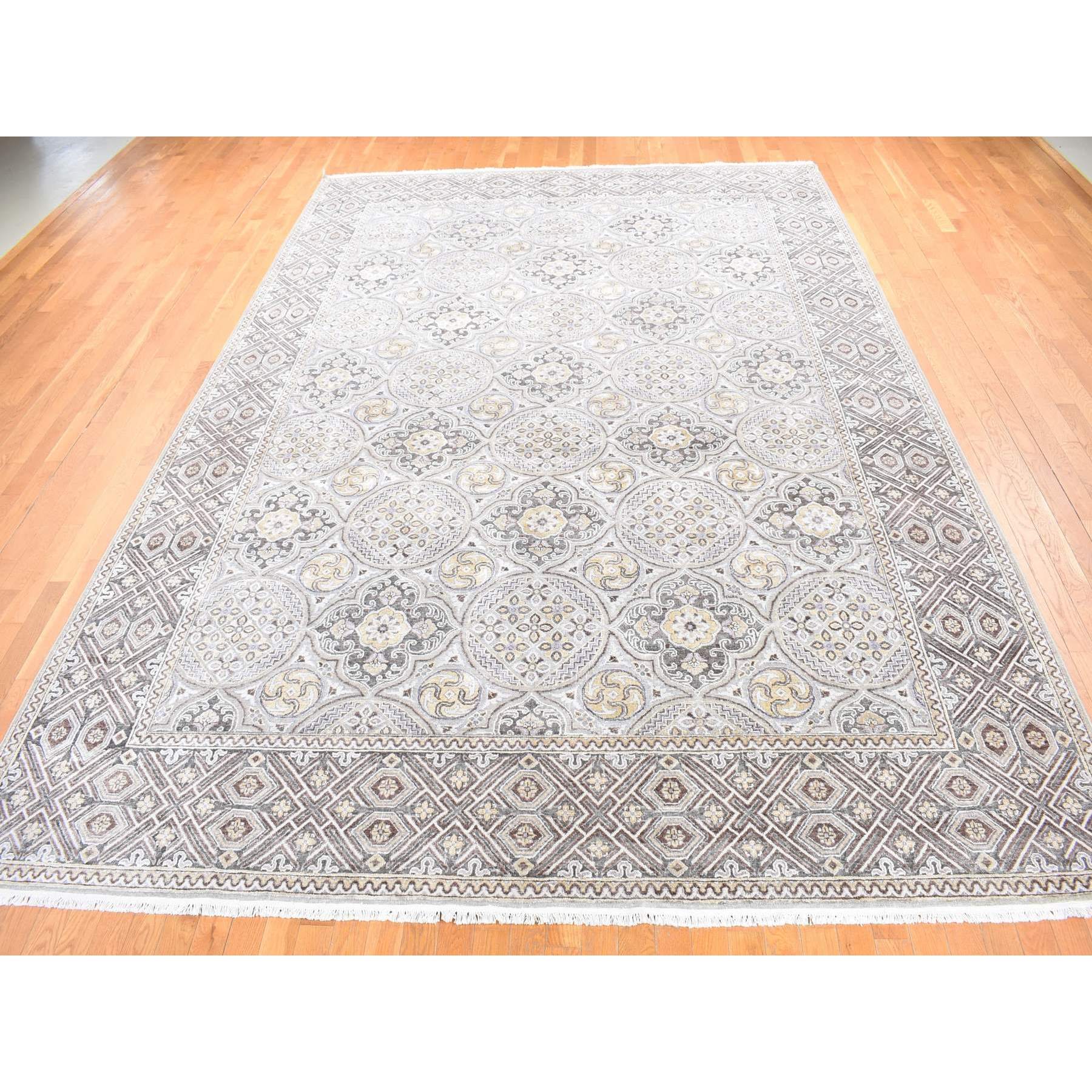 10'1"x14'2" Ivory, Mughal Inspired Medallions Design, Silk and Textured Wool Hand Knotted, Oriental Rug HR80686 - Image 3