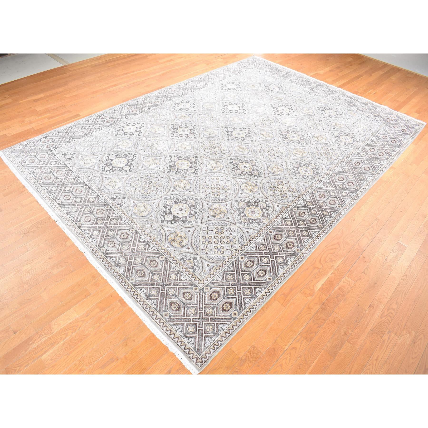 10'1"x14'2" Ivory, Mughal Inspired Medallions Design, Silk and Textured Wool Hand Knotted, Oriental Rug HR80686 - Image 4
