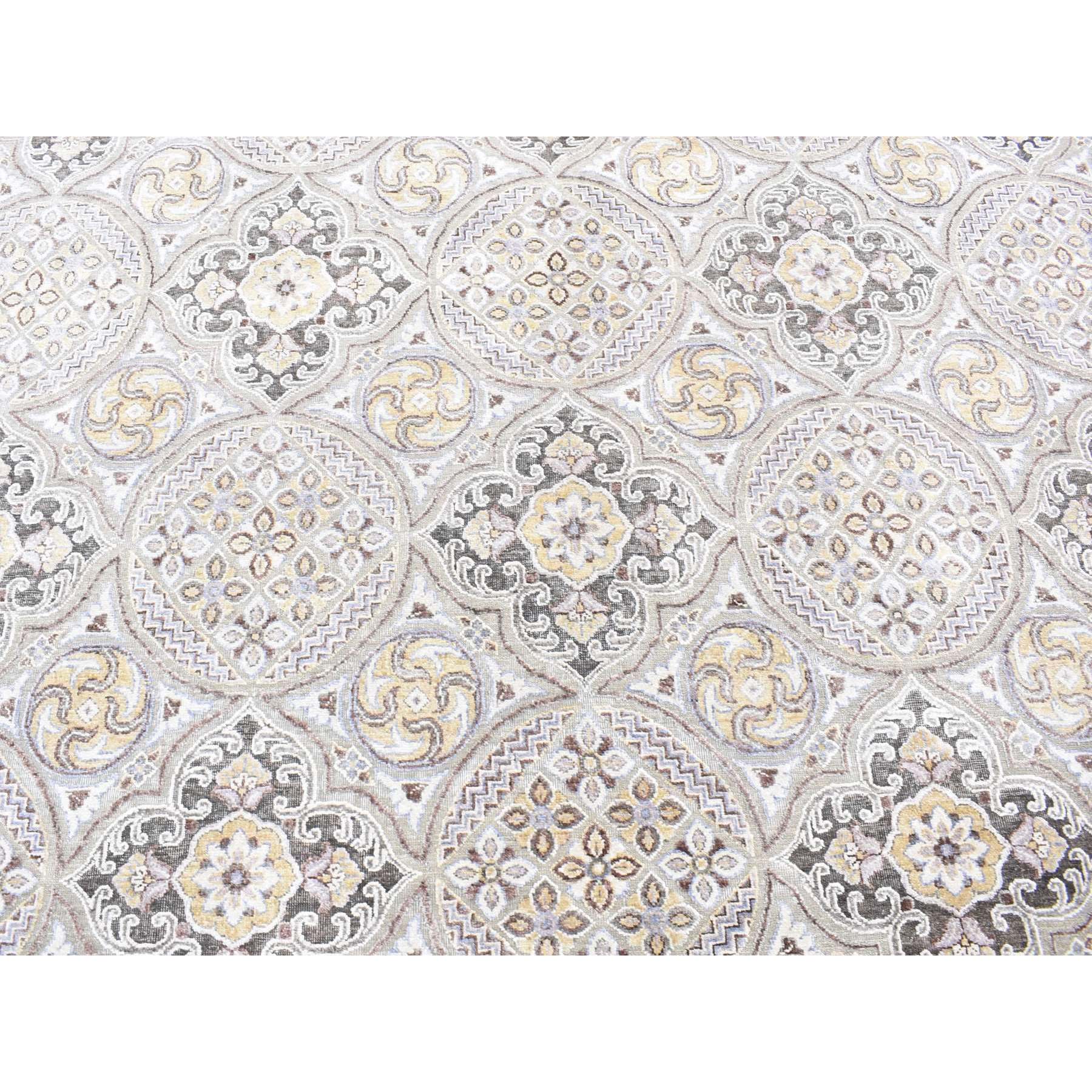 10'1"x14'2" Ivory, Mughal Inspired Medallions Design, Silk and Textured Wool Hand Knotted, Oriental Rug HR80686 - Image 9