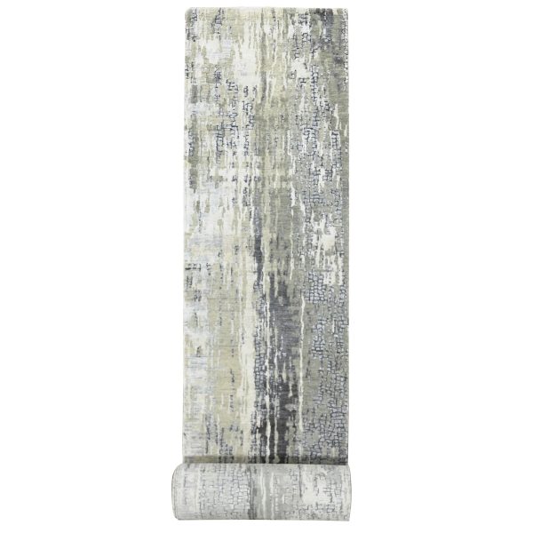 2'9"x22'3" Taupe, Hand Knotted, Abstract with Mosaic Design, Dense Weave, Wool and Silk, XL Runner Oriental Rug HR84234