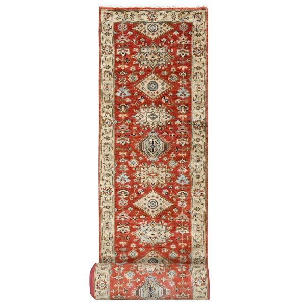 2'10"x24'9" Red and Gold, Karajeh Design, with Geometric Medallions, Extra Soft Wool, Hand Knotted, XL Runner Oriental Rug HR84263