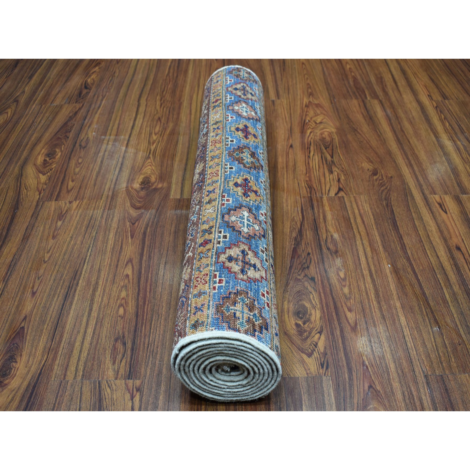 2'9"x9' Ivory Khorjin Design Runner Super Kazak Geometric Hand Knotted Pure Wool Oriental Rug HR52865 - Image 4