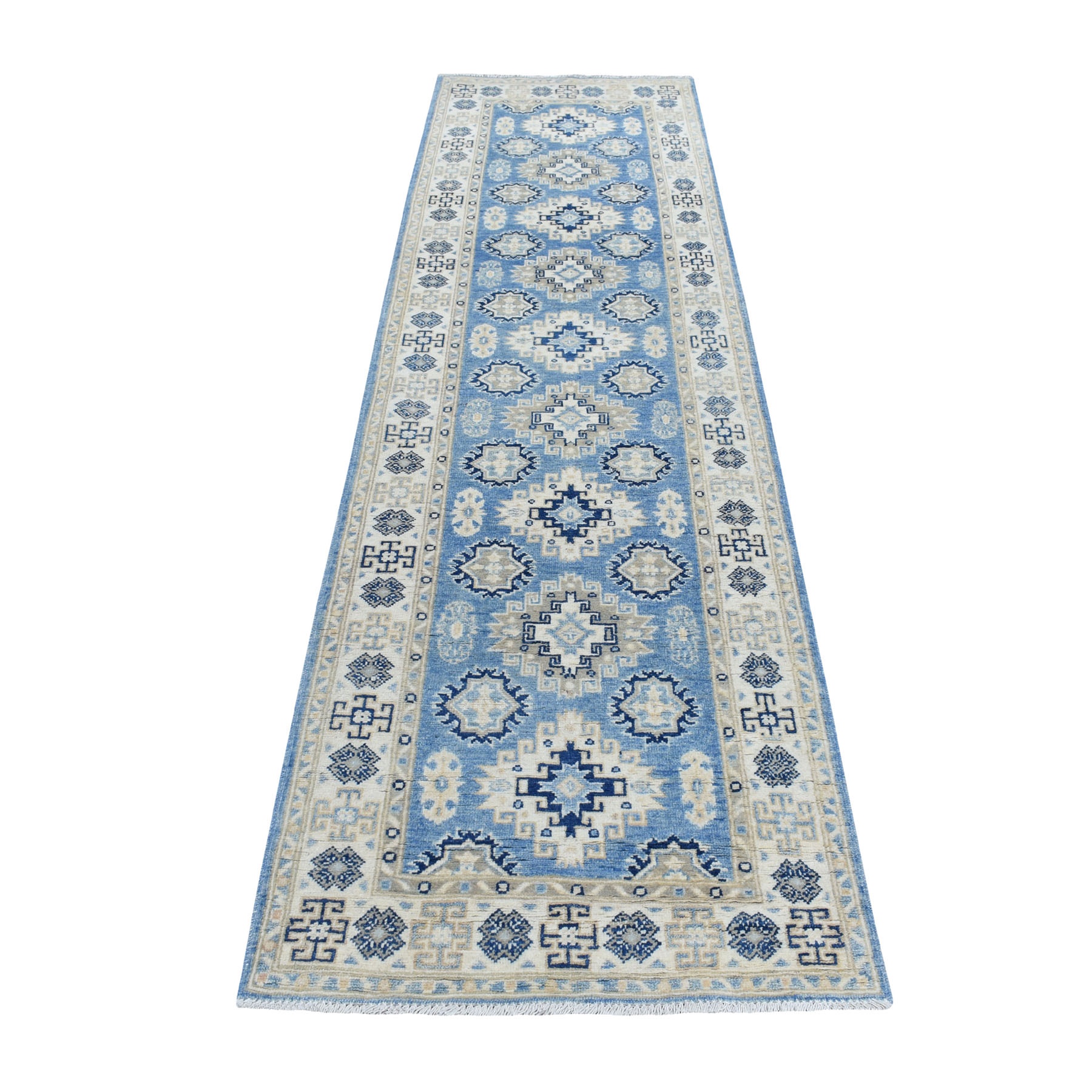 2'8"x9'6" Blue All Over Design Hand Knotted Pure Wool Vintage Look Kazak Runner Oriental Rug HR54622