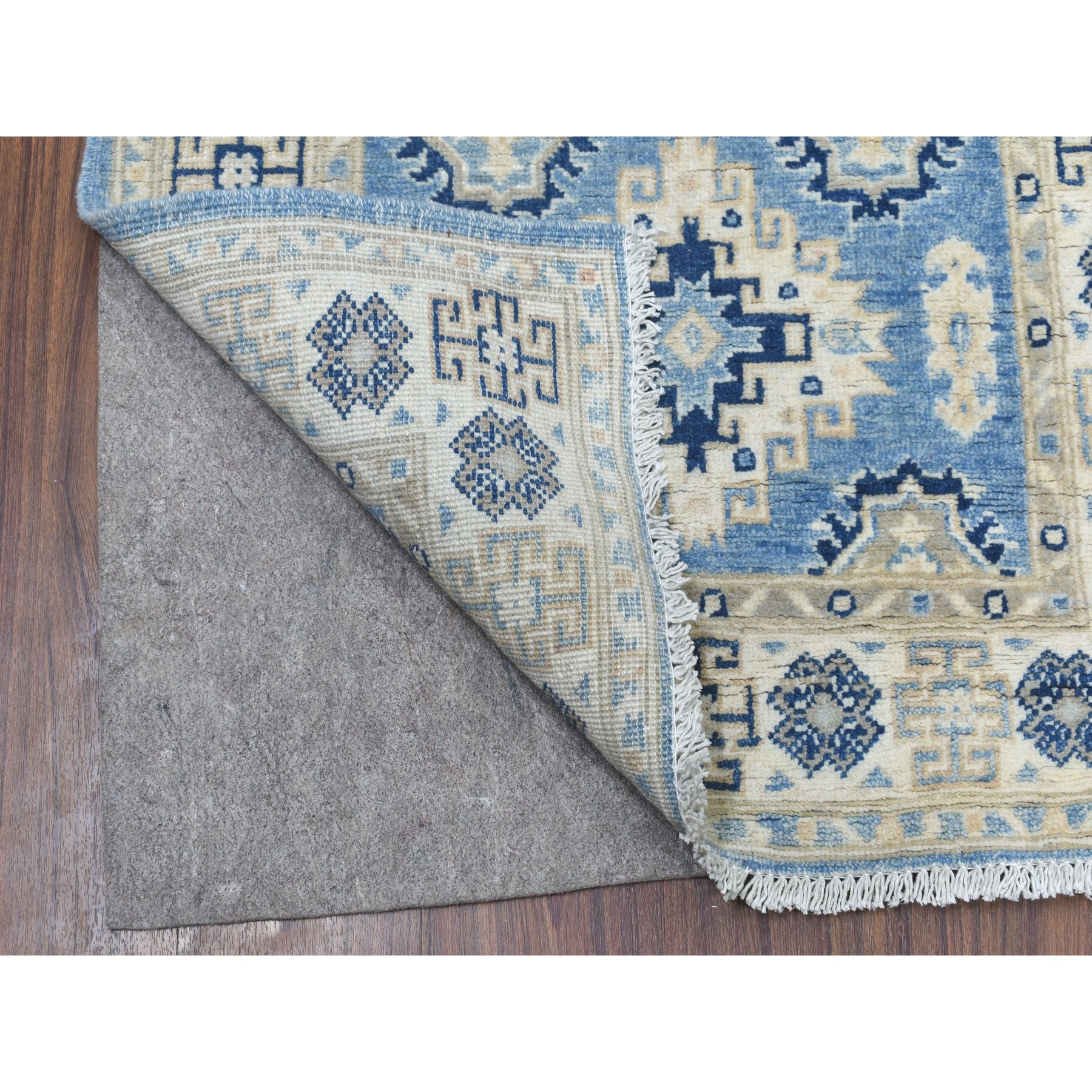 2'8"x9'6" Blue All Over Design Hand Knotted Pure Wool Vintage Look Kazak Runner Oriental Rug HR54622 - Image 2