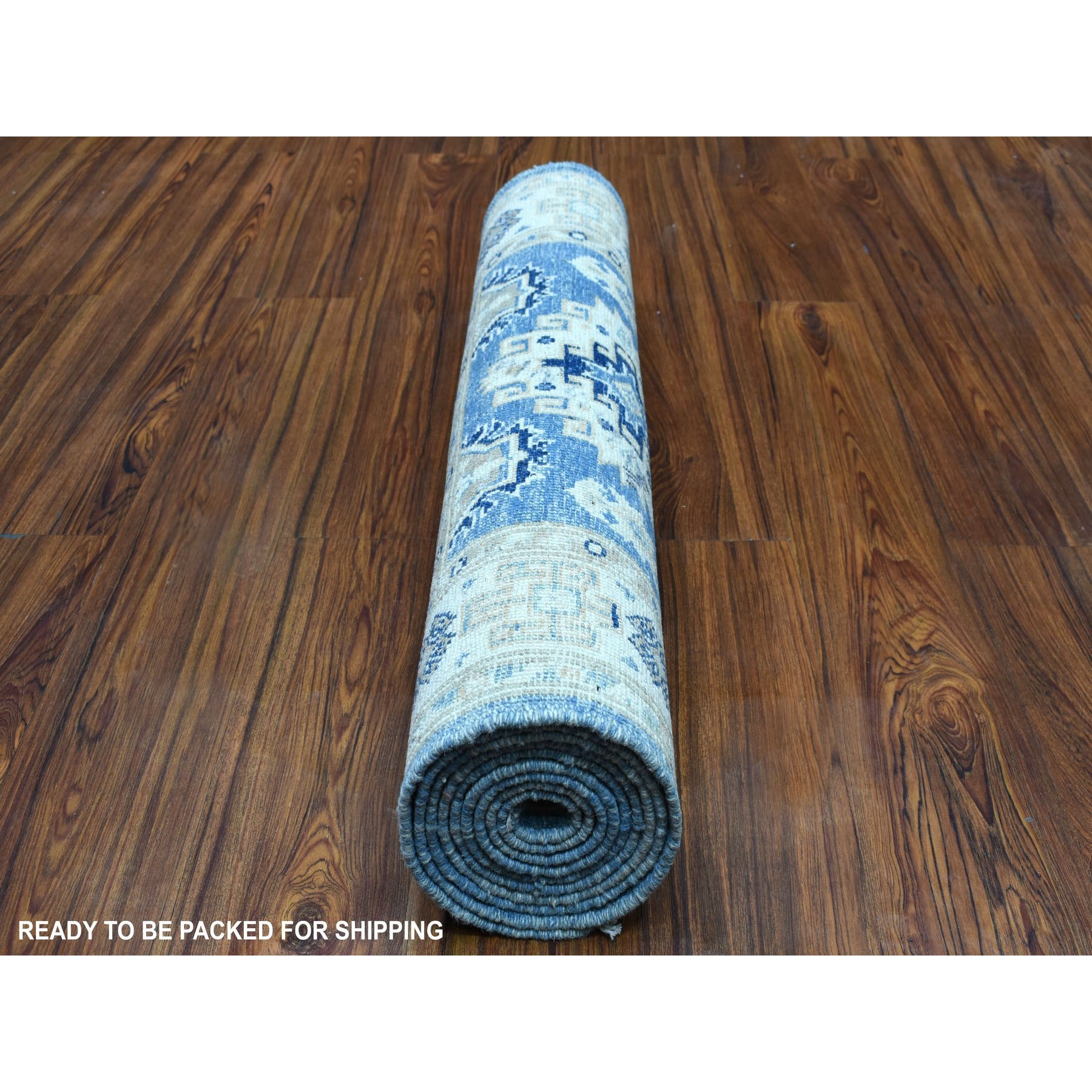 2'8"x9'6" Blue All Over Design Hand Knotted Pure Wool Vintage Look Kazak Runner Oriental Rug HR54622 - Image 4
