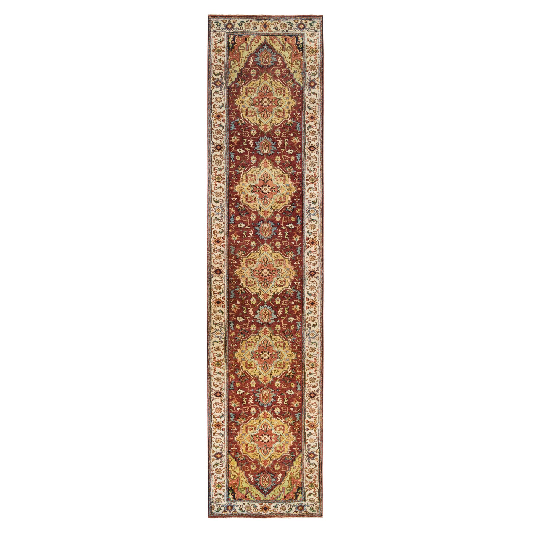 2'7"x12'1" Terracotta Red, Hand Knotted Antiqued Fine Heriz Re-Creation, Natural Dyes Dense Weave, Organic Wool, Runner Oriental Rug HR65478