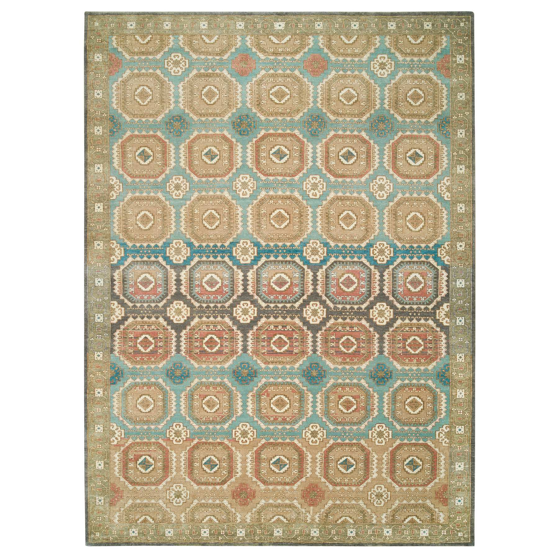 10'x14' Turquoise/Brown, Hand Spun Ghazni Wool, Natural Dyes, Caucasian Gul Motifs with a Distinct Abrash Oriental Rug HR65539
