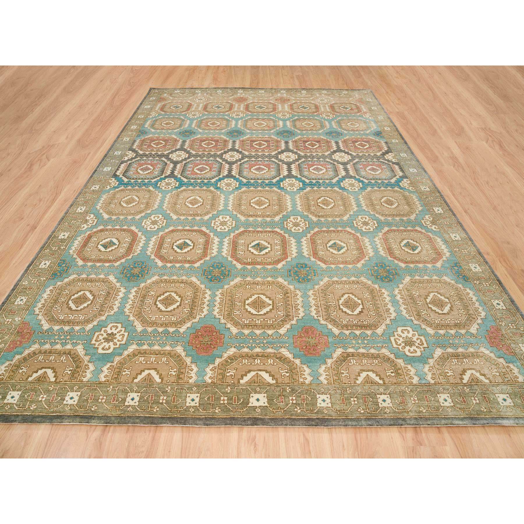 10'x14' Turquoise/Brown, Hand Spun Ghazni Wool, Natural Dyes, Caucasian Gul Motifs with a Distinct Abrash Oriental Rug HR65539 - Image 3
