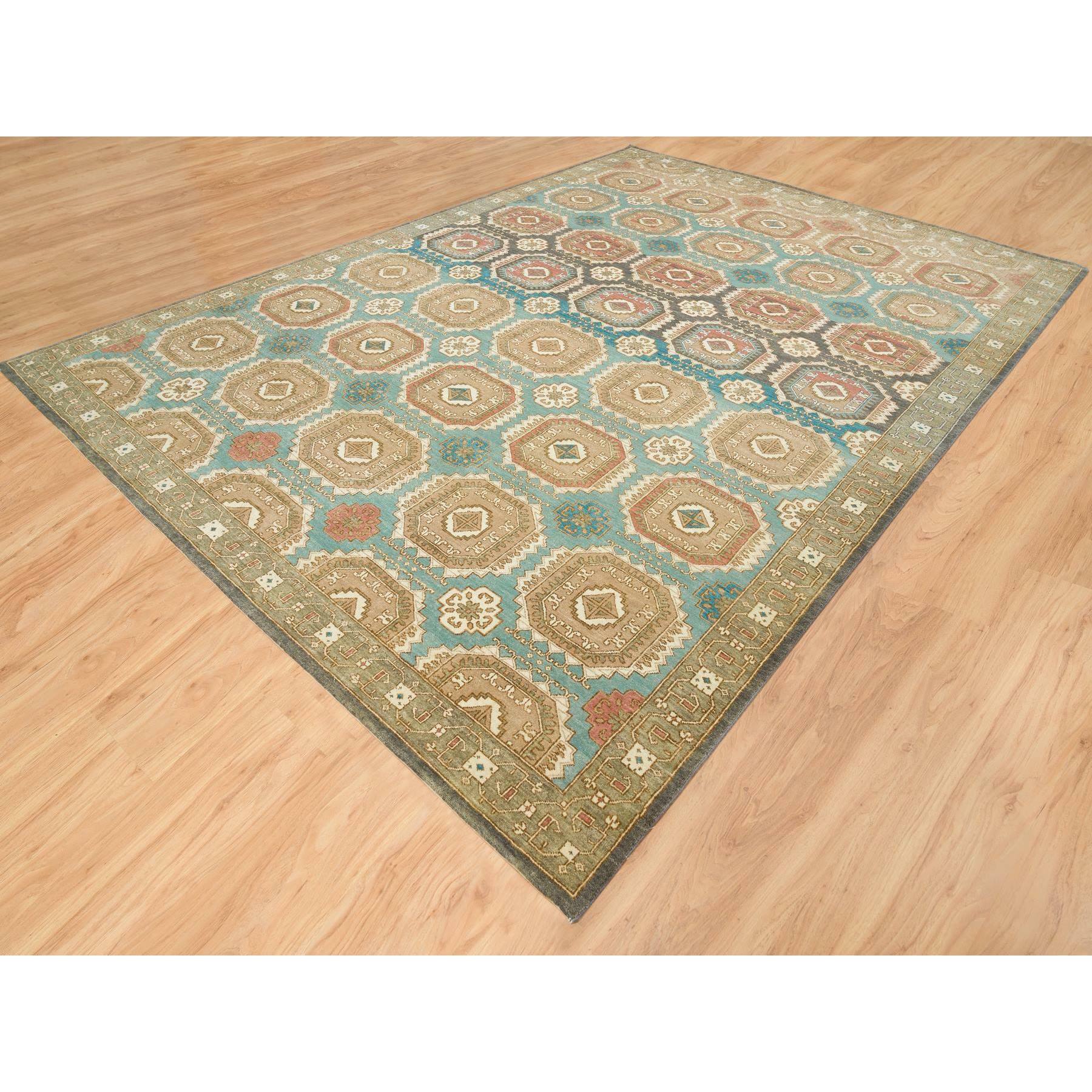10'x14' Turquoise/Brown, Hand Spun Ghazni Wool, Natural Dyes, Caucasian Gul Motifs with a Distinct Abrash Oriental Rug HR65539 - Image 4