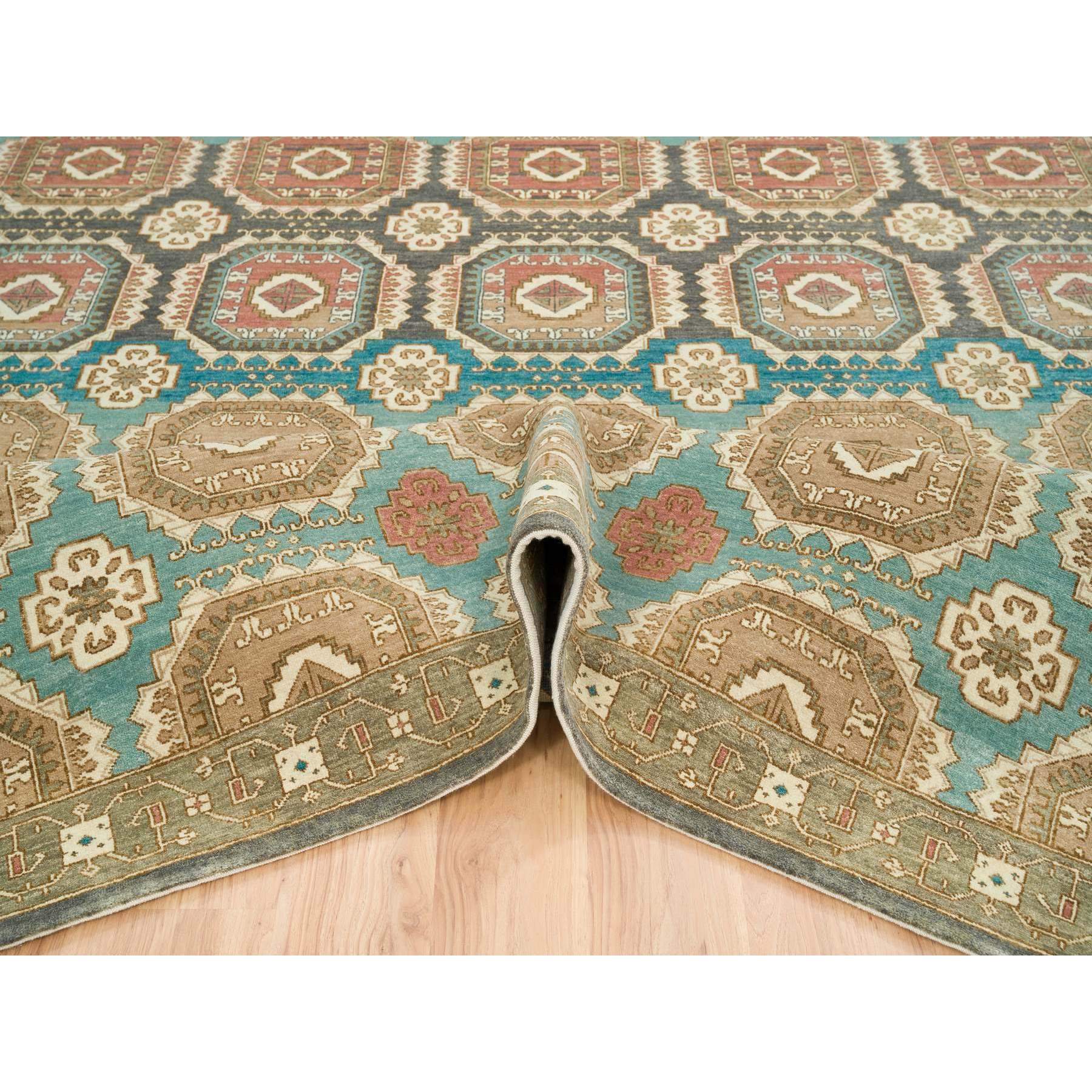 10'x14' Turquoise/Brown, Hand Spun Ghazni Wool, Natural Dyes, Caucasian Gul Motifs with a Distinct Abrash Oriental Rug HR65539 - Image 6